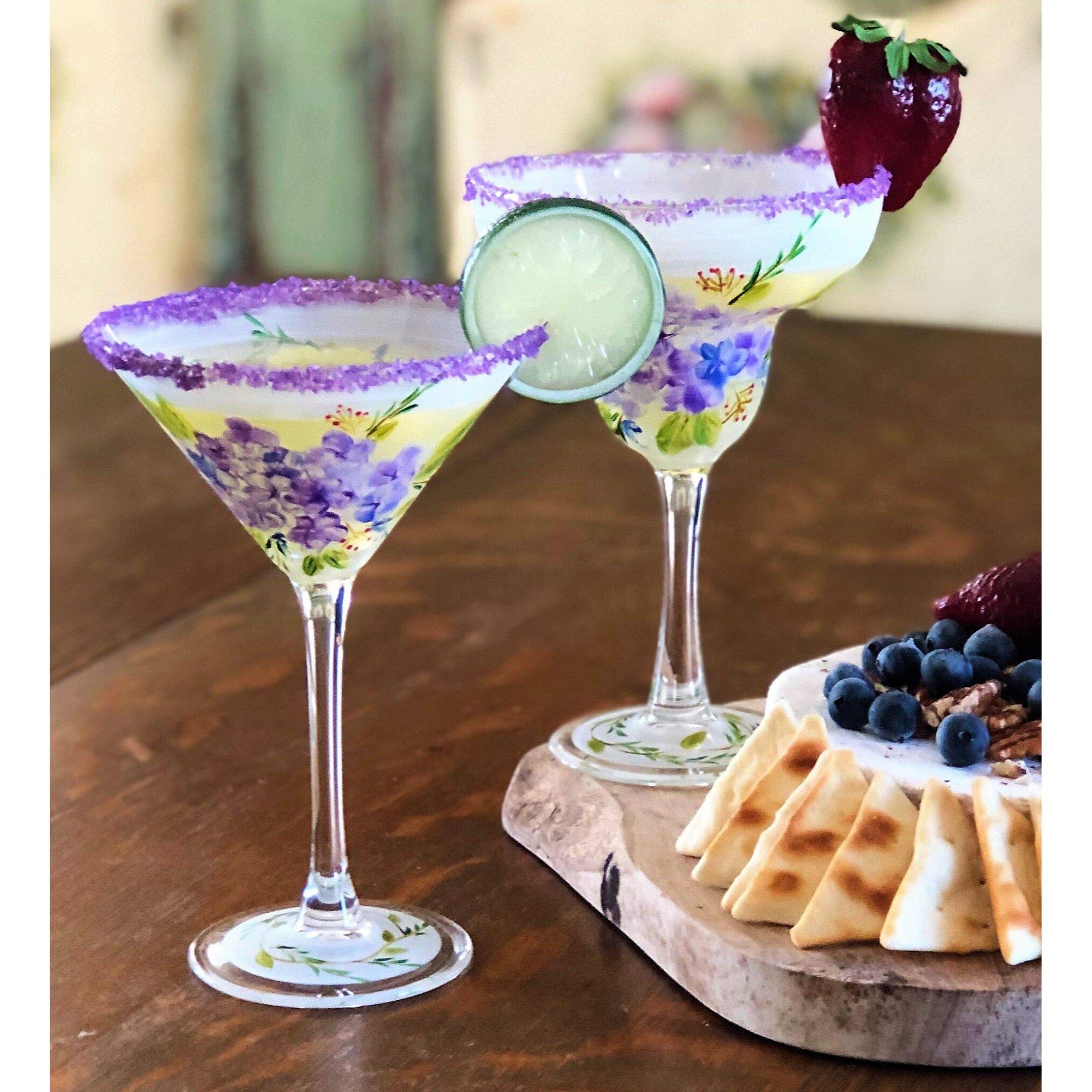 Set of 2 Hand-Painted Floral Margarita Glasses - 12oz Green & Blue Cocktail Cups for Summer Parties & Mexican Themed Decor