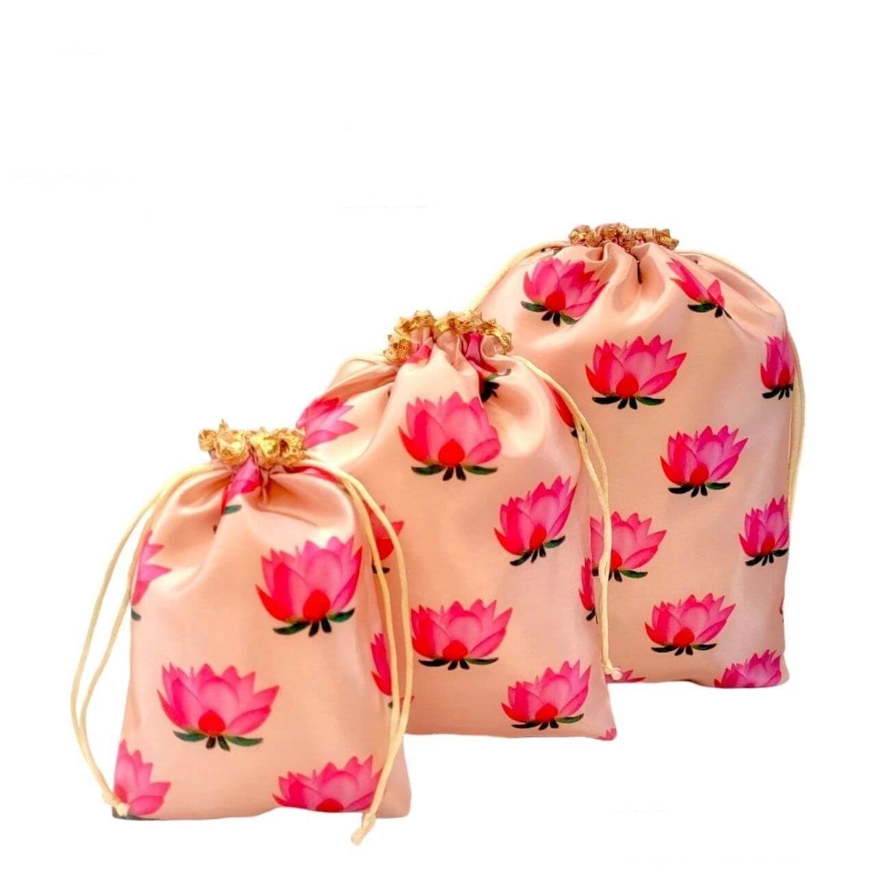 GoldGiftIdeas Pichwai Lotus Print Potli Bag - Elegant Indian Gift Pouch for Home Decor, Wedding Favors, Party Gifts & Candy Packaging (23x18cm) - Perfect for Diwali, Bridal Showers & Festive Celebrations