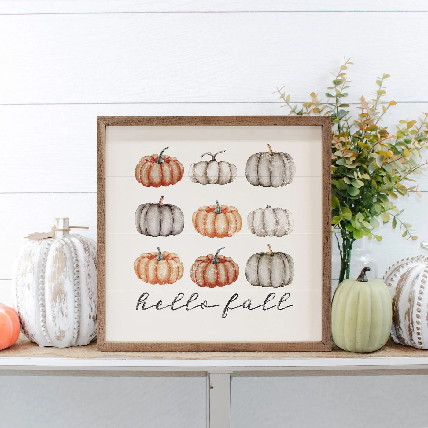 Hello Fall Orange and Gray Pumpkins Wood Framed Print - Autumn Home Decor Wall Art for Living Room, Bedroom & Office