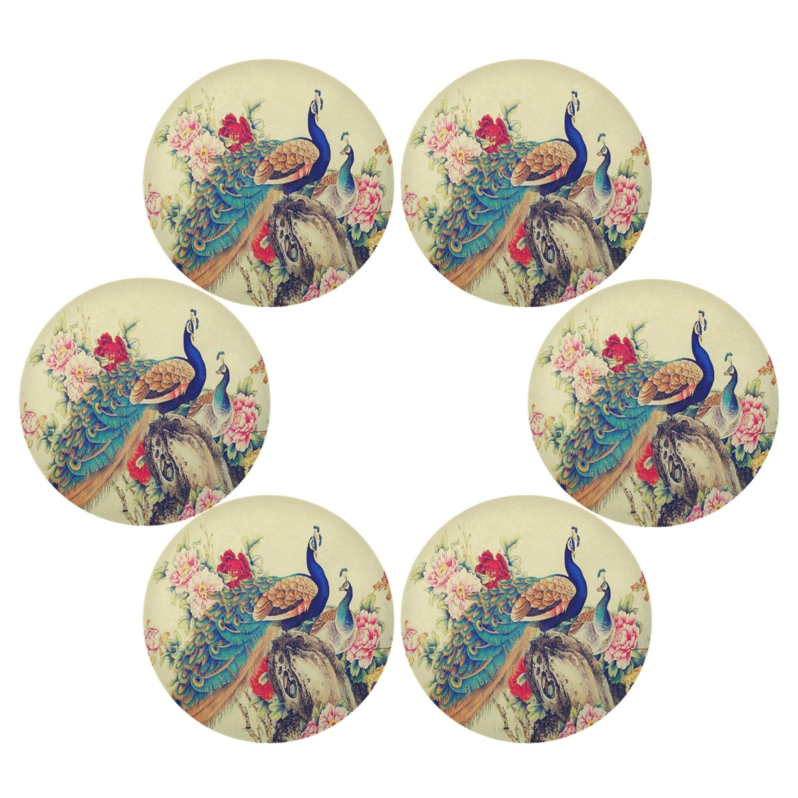 ALAZA 6-Piece Round Placemat Set - Peacock & Peony Design for Dining Table, Kitchen Decor | Elegant Table Settings for Home, Holidays & Special Occasions | Waterproof & Heat-Resistant Table Mats