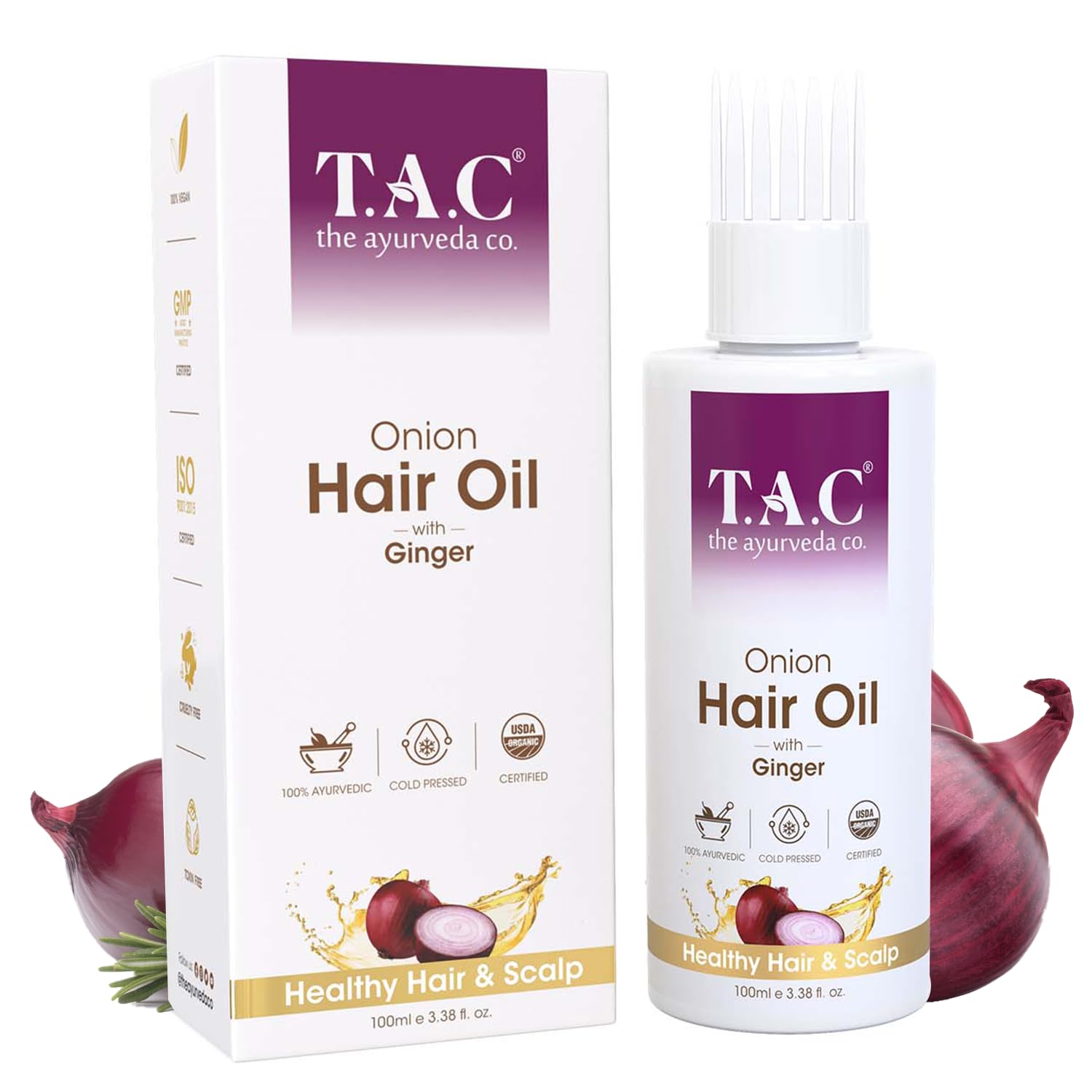 TAC - The Ayurveda Co. Onion Hair Oil for Hair Growth & Hair Fall Control with Black Seed & Plant-Based Biotin | Mineral Oil Free, 100ml | Promotes Thicker, Stronger Hair for Daily Hair Care Routine