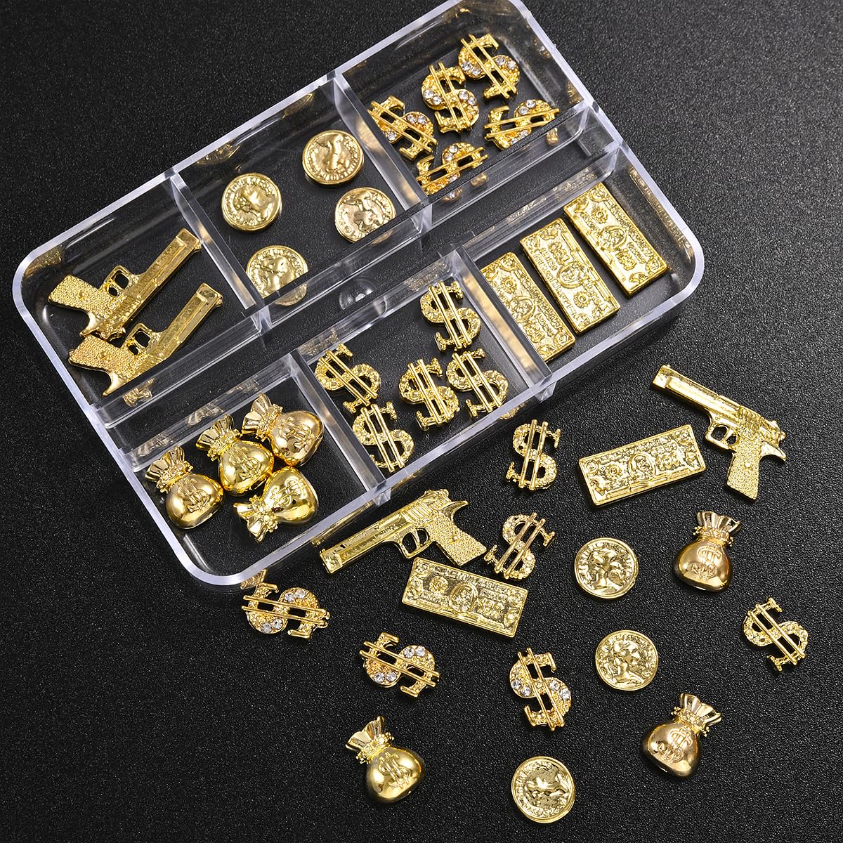 25PCS 3D Gold Nail Charms for Alloy Nails - Nail Art Decorations with Crown, Dollar & Gun Charms - DIY Manicure Jewelry Accessories for Nail Art Supplies - Perfect for Parties, Weddings & Salon Nail Designs