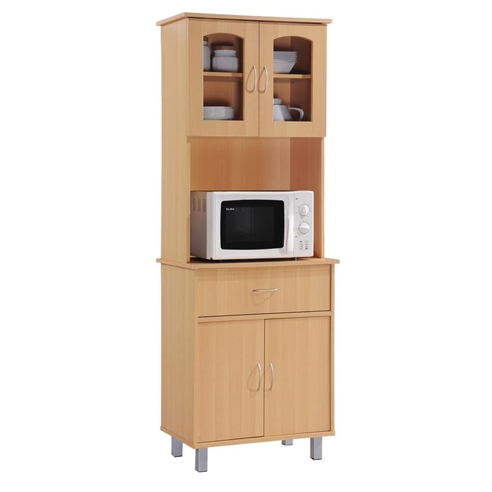 HODEDAH Tall Kitchen Cabinet with Enclosed Storage, Drawer & Open Shelf for Microwave - Solid Beech Wood - Perfect for Small Spaces & Apartment Living