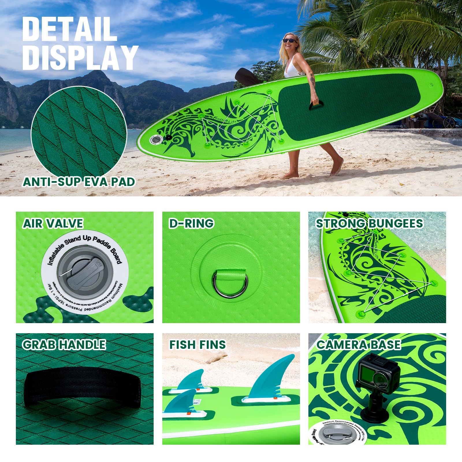 **FEATH-R-LITE Inflatable Stand Up Paddle Board (SUP) for Adults - Lightweight & Durable with Premium Accessories: Pump, Adjustable Paddle, Leash, 3 Fins & Backpack - Perfect for Yoga, Surfing & Lake Adventures**