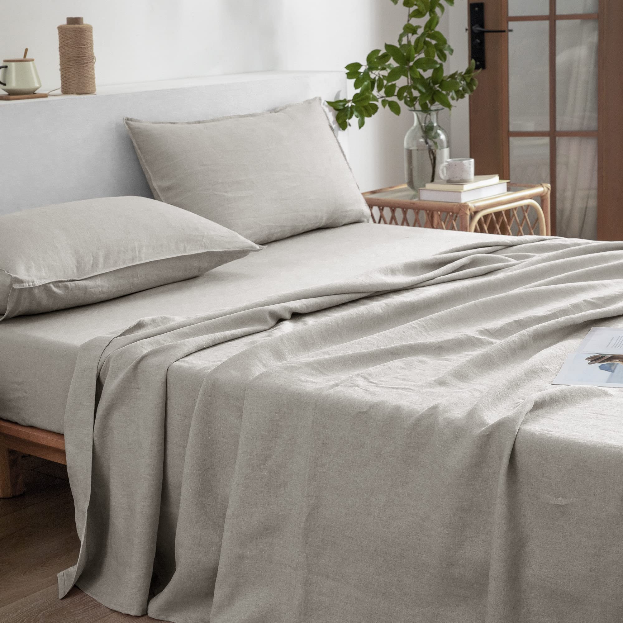 Premium 100% French Stonewash Pure Linen Sheets Set King Size - 4 Piece Natural Undyed Bedding (1 Flat Sheet, 1 Fitted Sheet, 2 Pillowcases) for Hot Sleepers & Deep Pocket Mattresses - Breathable Luxury Bed Sheets for Summer & All-Season Comfort