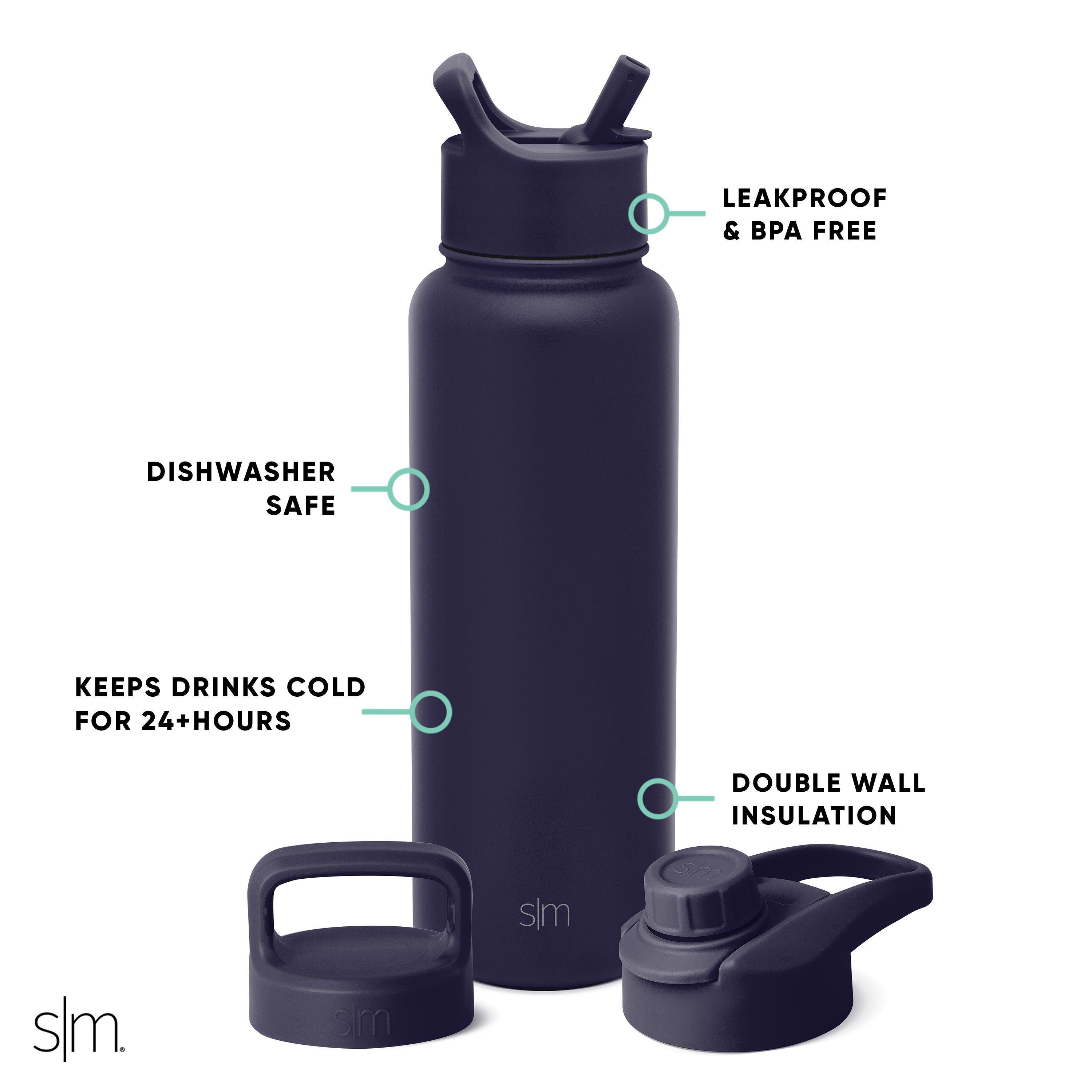 Summit Insulated Stainless Steel Water Bottle with 3 Lids - Straw, Chug & Handle | Leakproof & BPA-Free | Perfect for Gym, Hiking & Outdoor Activities