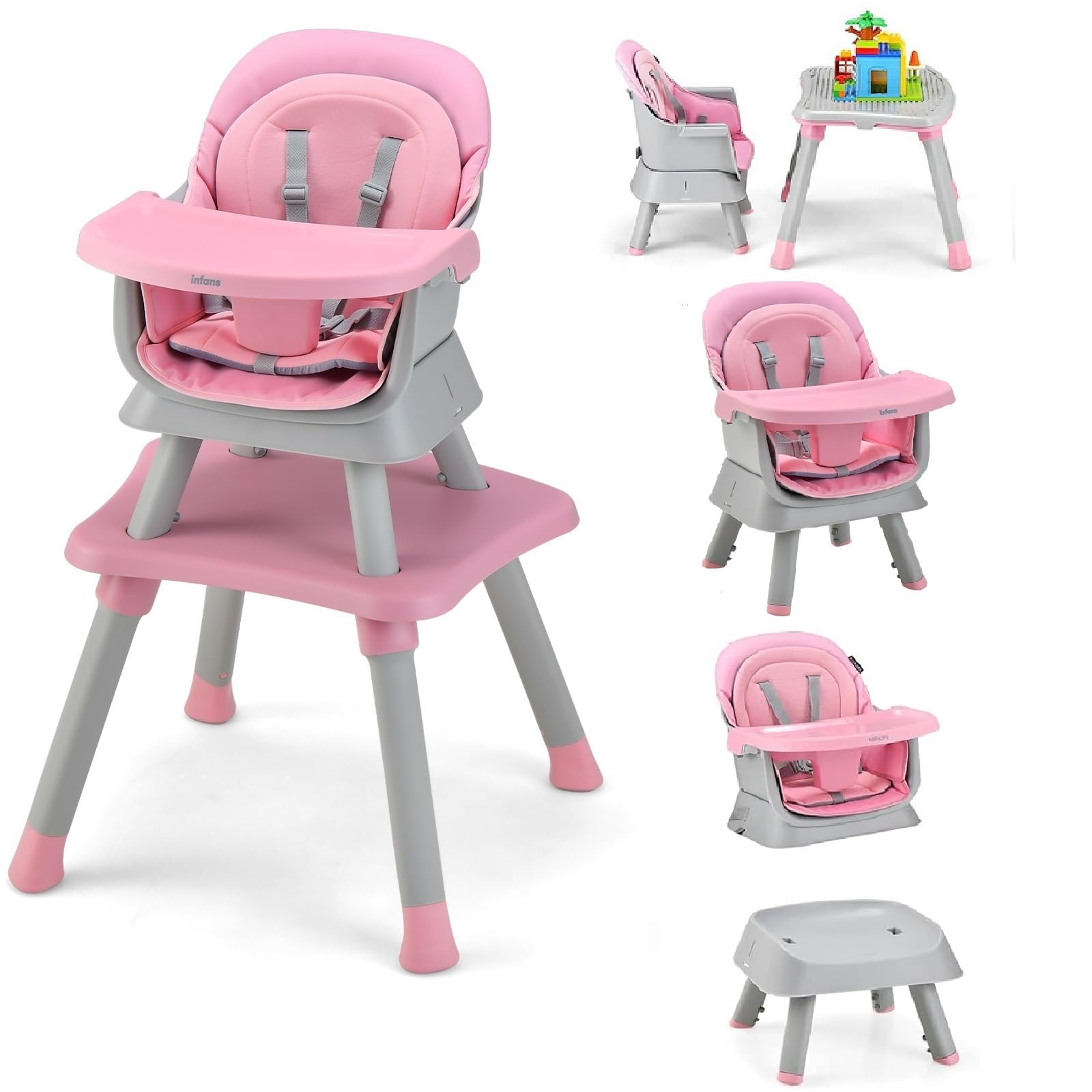 INFANS 8-in-1 Convertible Baby High Chair - Adjustable Toddler Booster Seat with Removable Tray, Building Block Table & Kids Stool - Perfect for Dining, Playtime & Learning Activities at Home