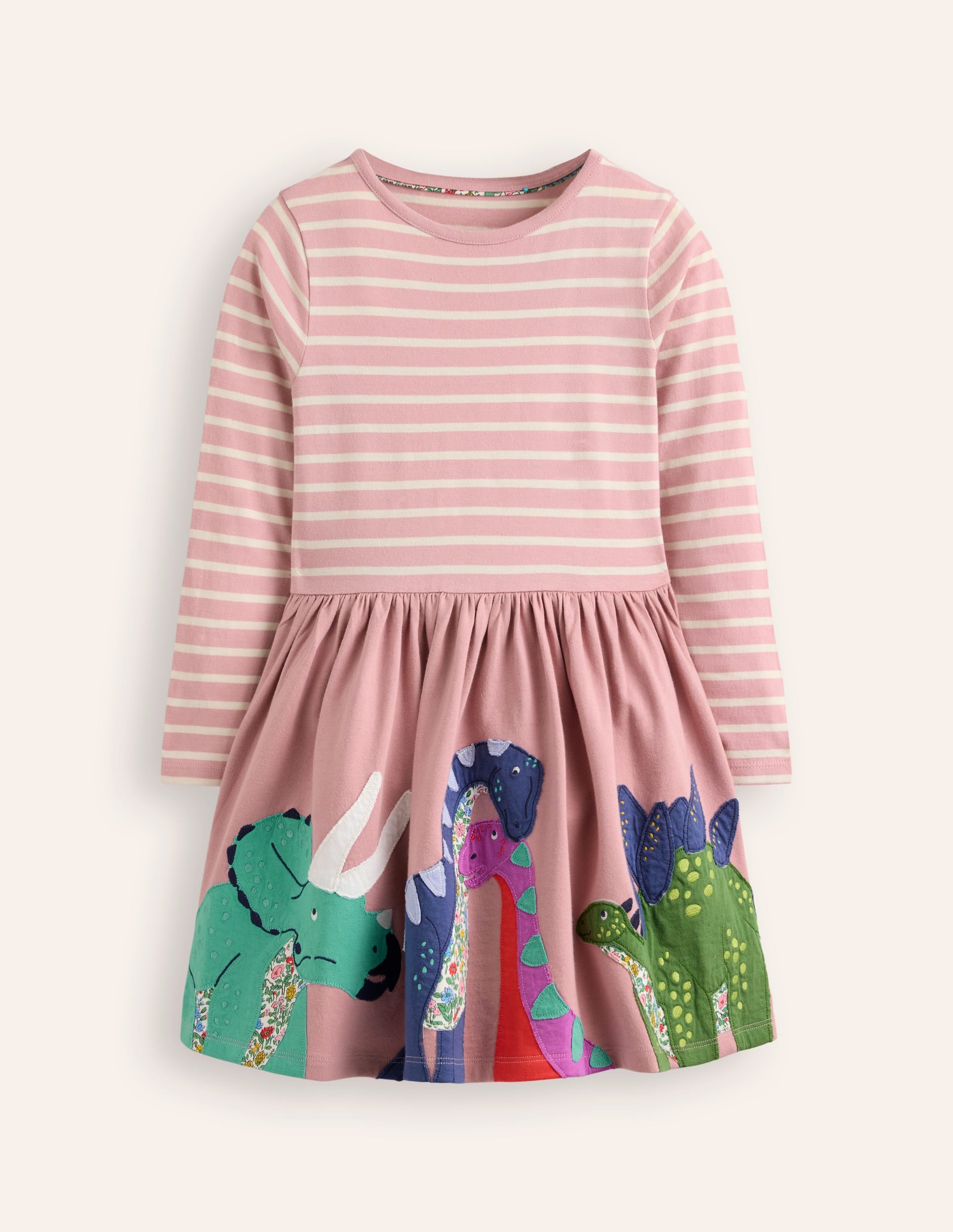 Vintage Pink Dinosaur Appliqué Hem Jersey Dress - Casual Summer Flowy Dress for Women, Perfect for Beach, Picnic & Date Night