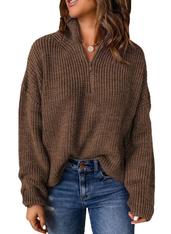 Dokotoo Women's Long Sleeve 1/4 Zip Pullover Sweater - V Neck Polo Style Casual & Dressy Top for Work, Office & Everyday Wear