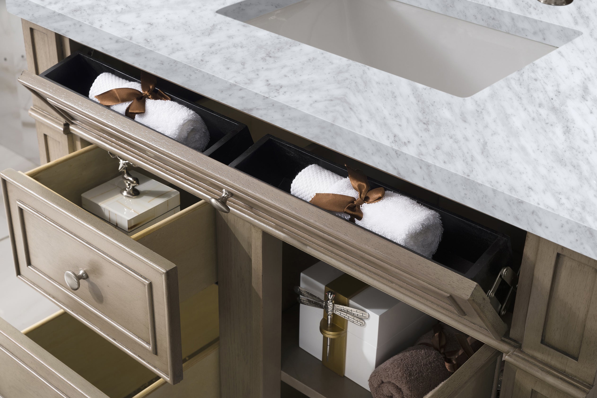 Bristol 36 Inch Single Bathroom Vanity with Whitewashed Walnut Finish & 3CM Carrara Marble Top - Perfect for Modern Farmhouse, Coastal, or Transitional Bathroom Designs