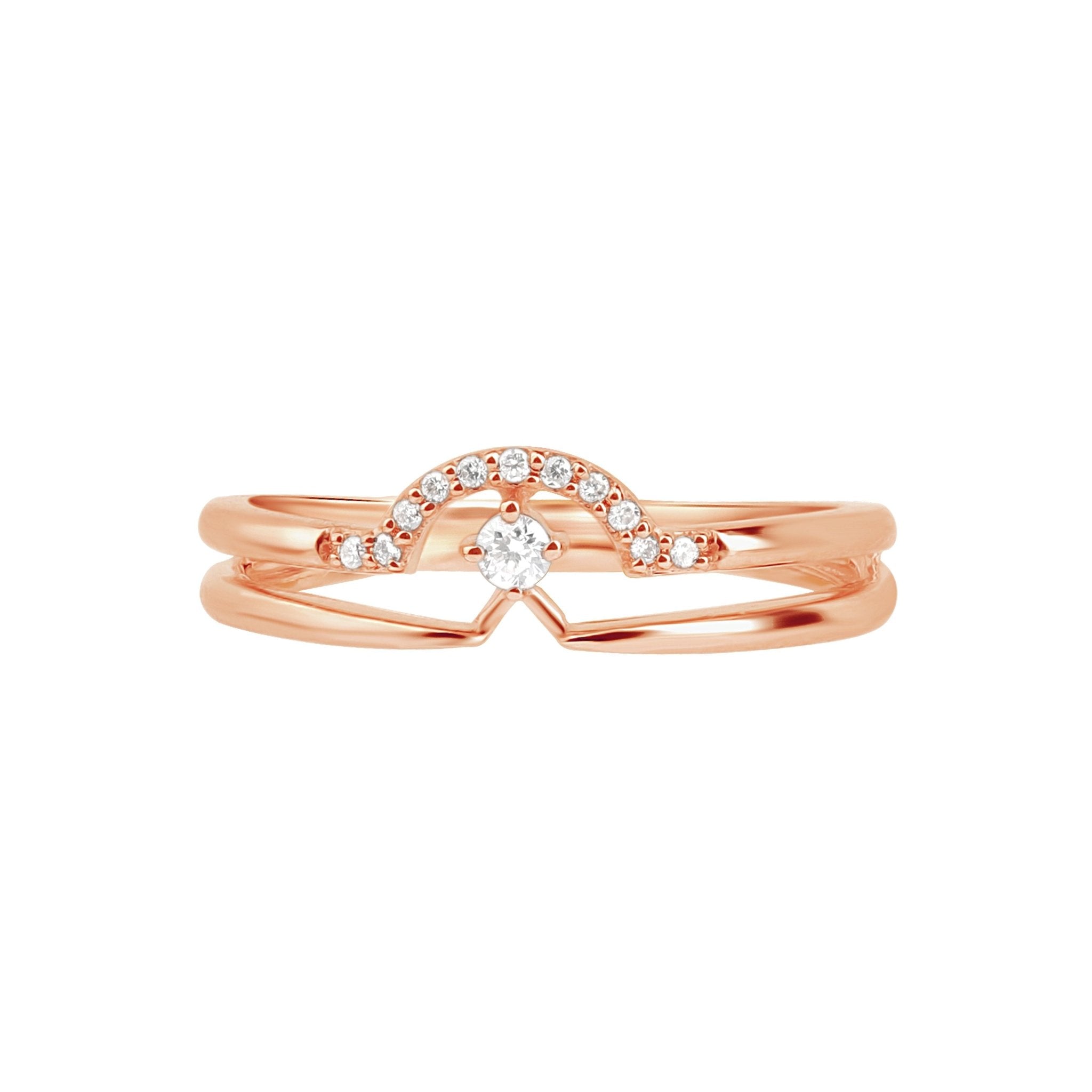 14K Rose Gold Diamond Curve Double Layer Ring - Elegant Stackable Band for Women, Perfect for Weddings, Anniversaries & Everyday Wear