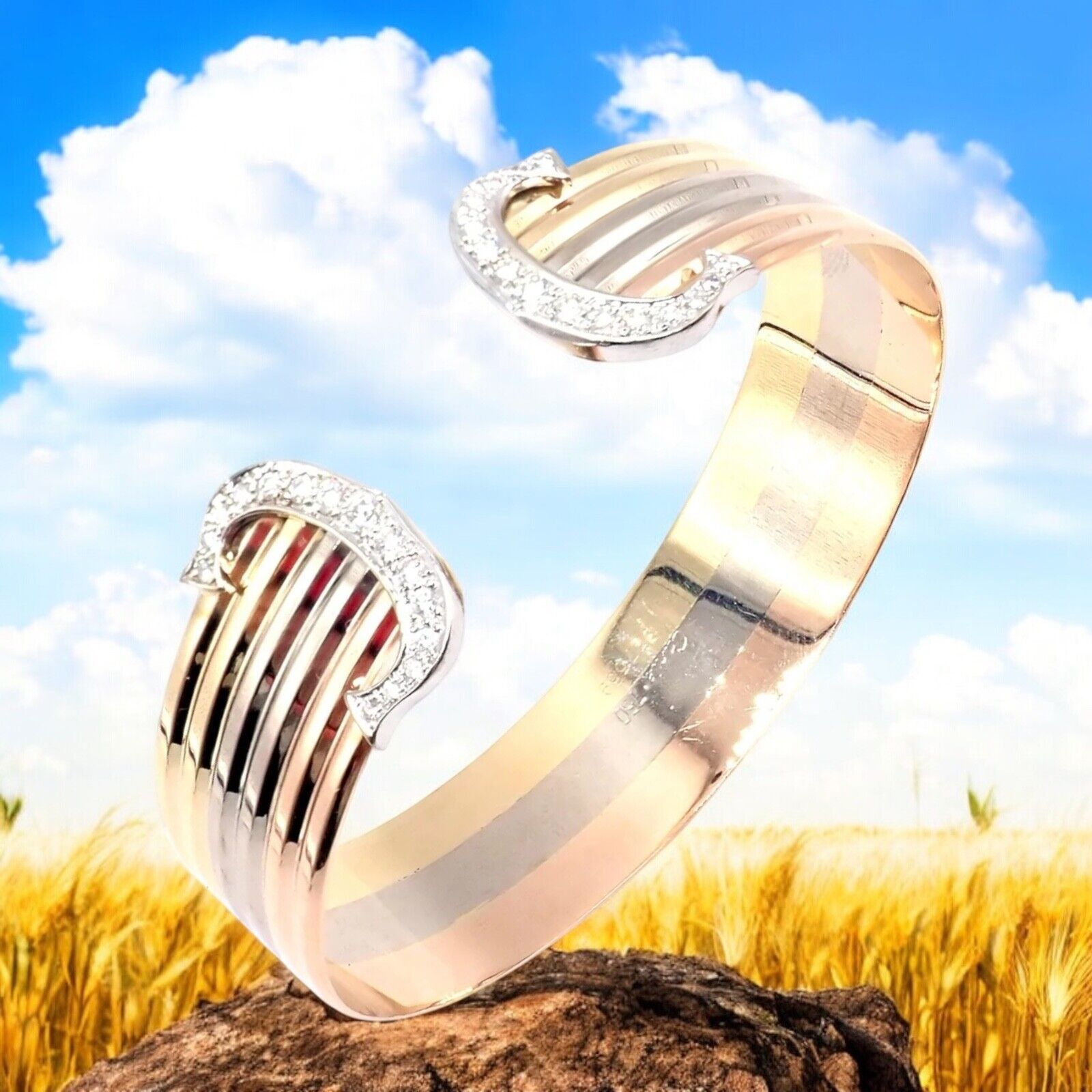 Authentic Cartier 18k Tri-Color Gold Diamond Double C Wide Cuff Bangle Bracelet - Luxury Jewelry for Women, Perfect for Weddings, Parties & Special Occasions