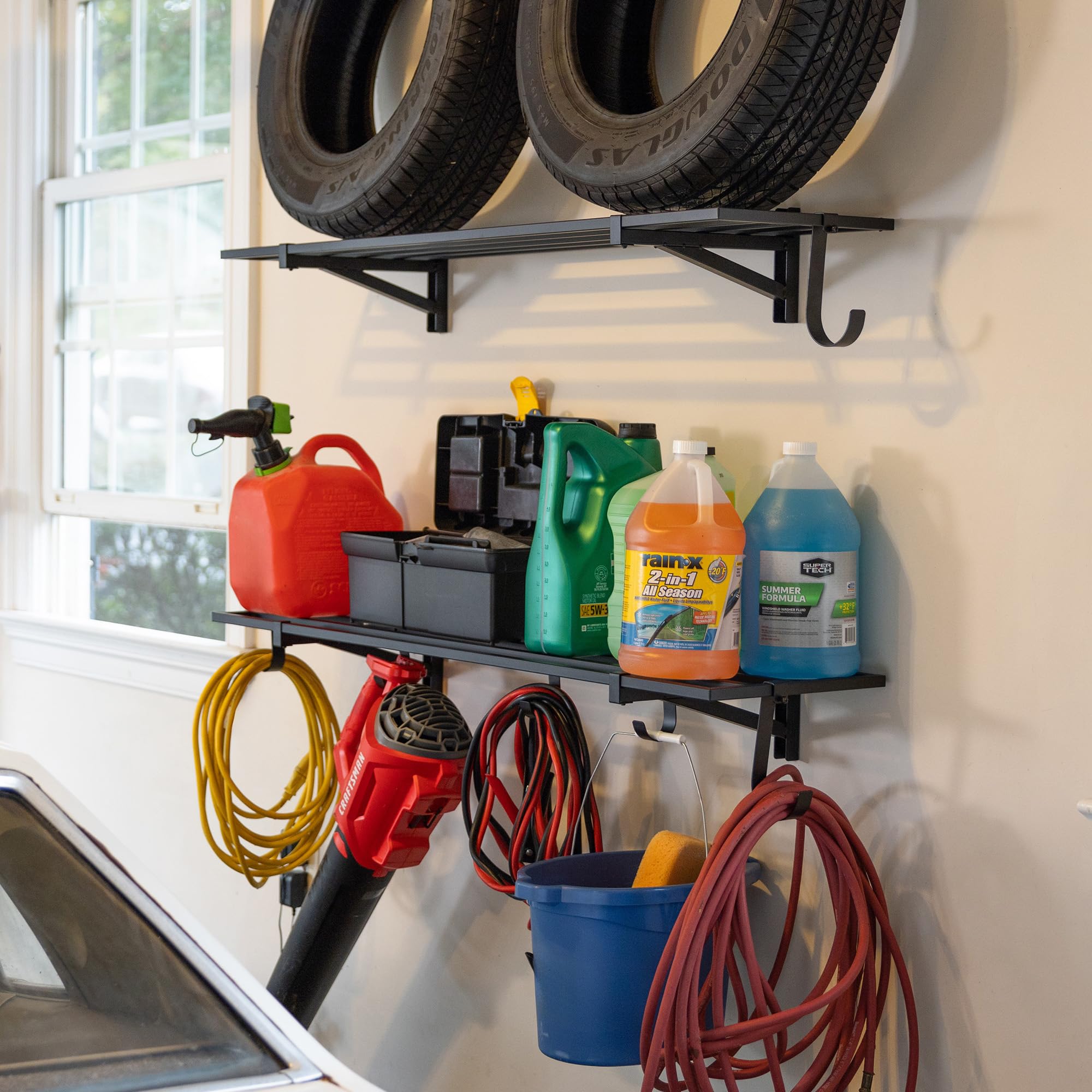 Heavy-Duty Garage Wall Mounted Shelves - 1' x 4' Steel Wall Storage Shelf with Hooks - 2 Pack - Each Holds 200 lbs - Perfect for Garage Organization, Workshop Storage & Home Tool Organization