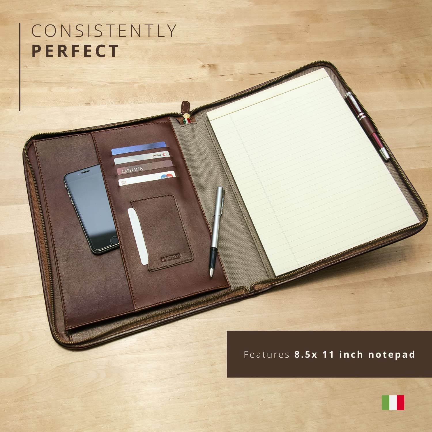 Premium Italian Leather Portfolio Padfolio for Professionals - Personalized Monogram Zippered Executive Folio for Men & Women - Document Organizer with Laptop Sleeve & iPad Case - Perfect for Business Meetings, Office Work & Travel - Made in Italy (Brown)