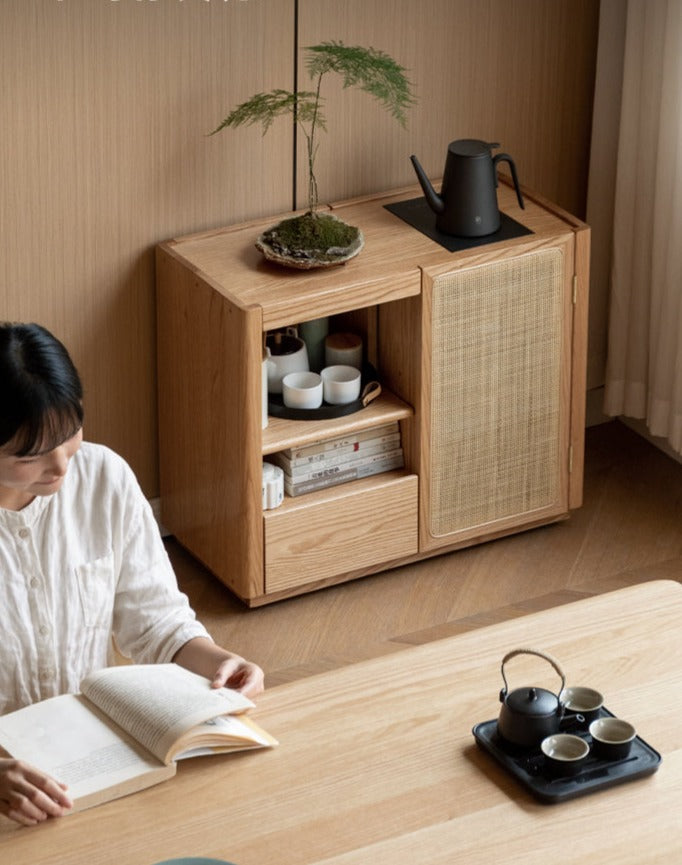 Solid Oak and Ash Wood Tea Maker Mobile Side Cabinet - Portable Side Table for Living Room, Bedroom, or Office