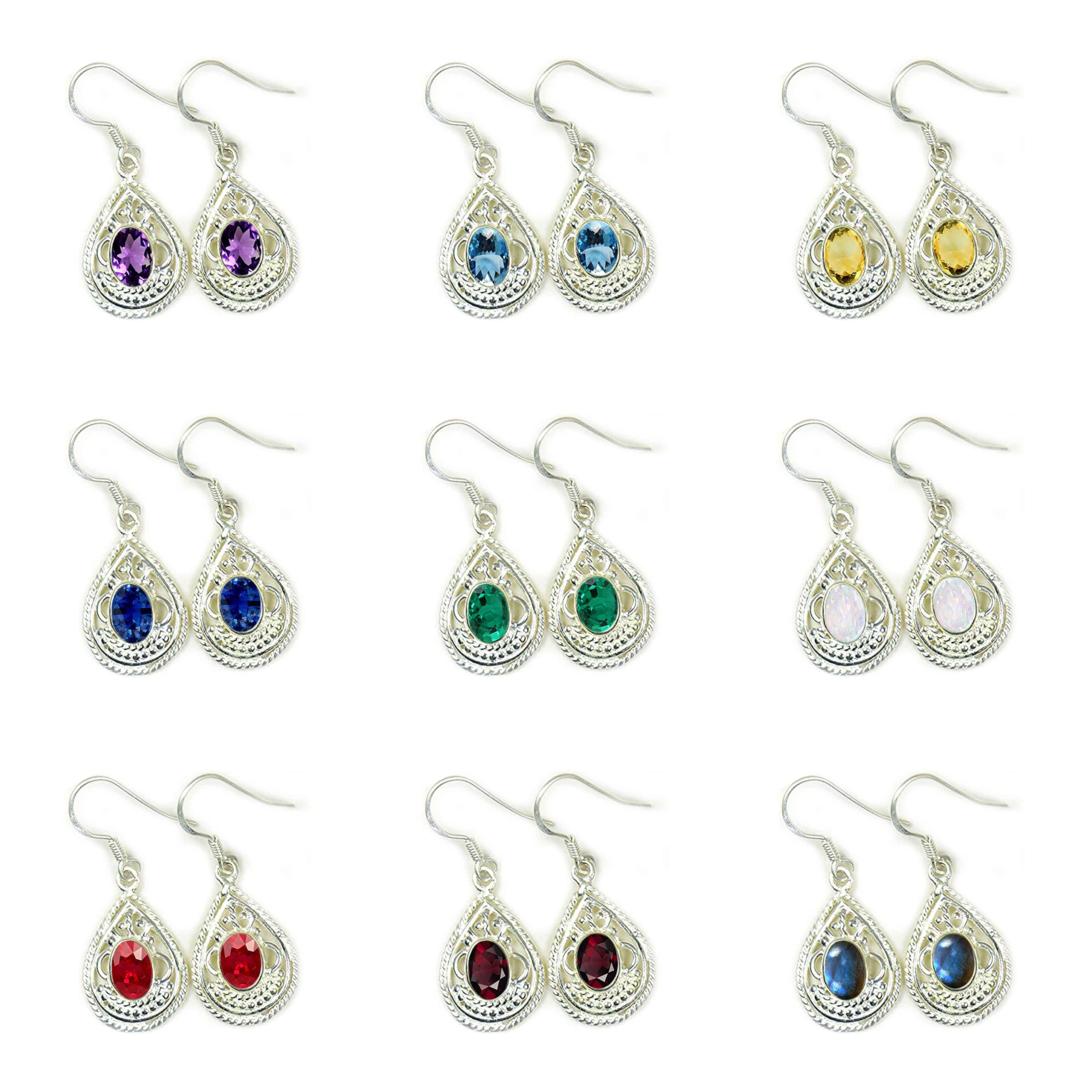 Created Emerald 925 Sterling Silver Green Dangle Earrings - Oval Shape Fish Hook Back Bezel Style Women's Jewelry for Party, Wedding & Evening Wear