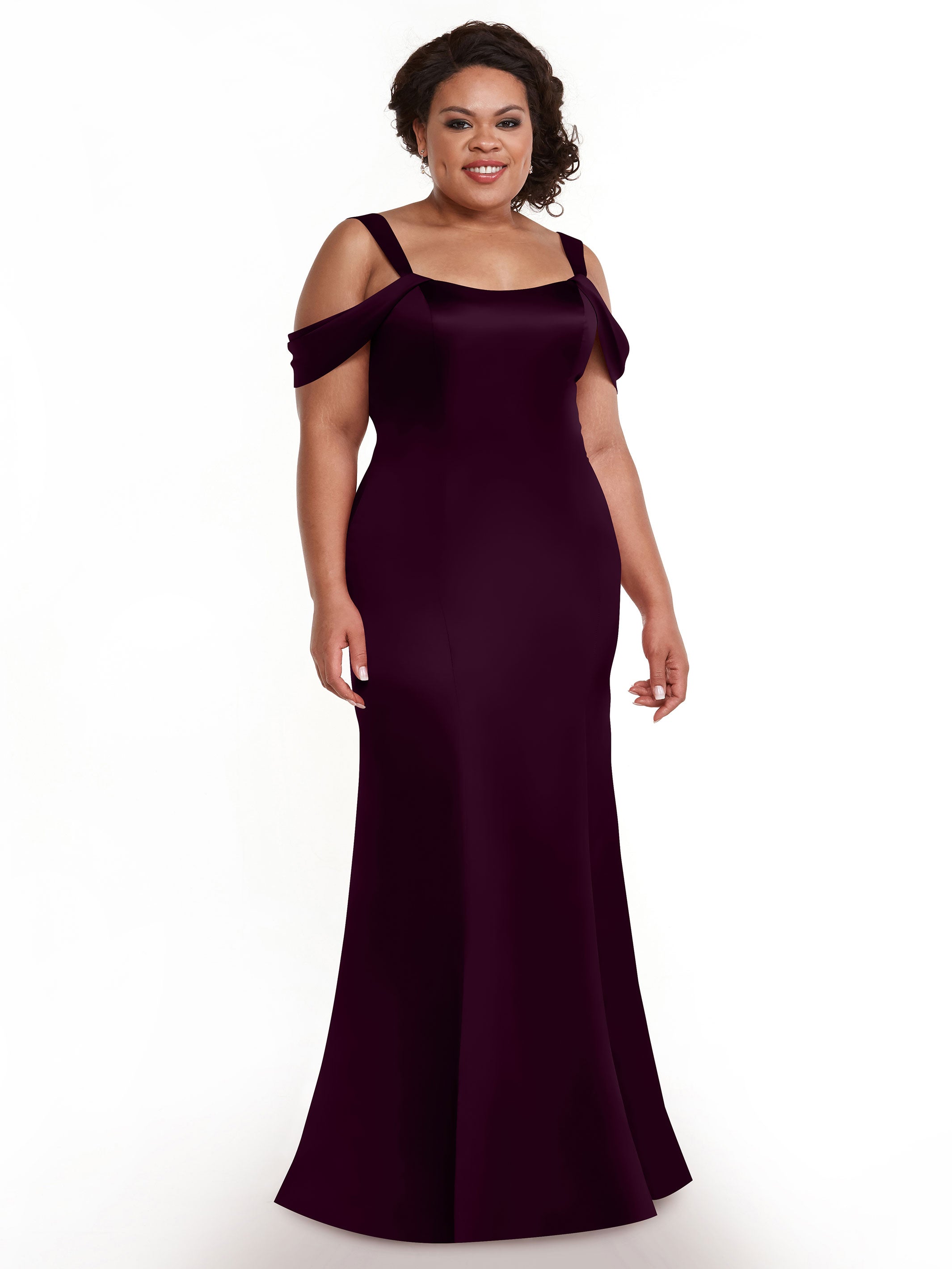 Elegant 80151 Fitted Satin Bridesmaid Dress with Off-The-Shoulder Sleeves - Perfect for Weddings, Formal Events & Special Occasions