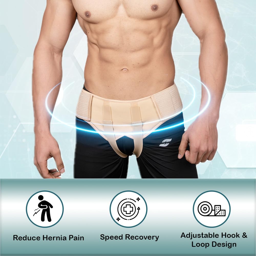 Wonder Care Inguinal Hernia Belt Truss Brace for Single/Double Hernia & Sports Hernia Relief - Adjustable Support with 2 Removable Compression Pads - Skin Tone (XX-Large, Double) - Ideal for Post-Surgery Recovery, Workout Support & Daily Comfort