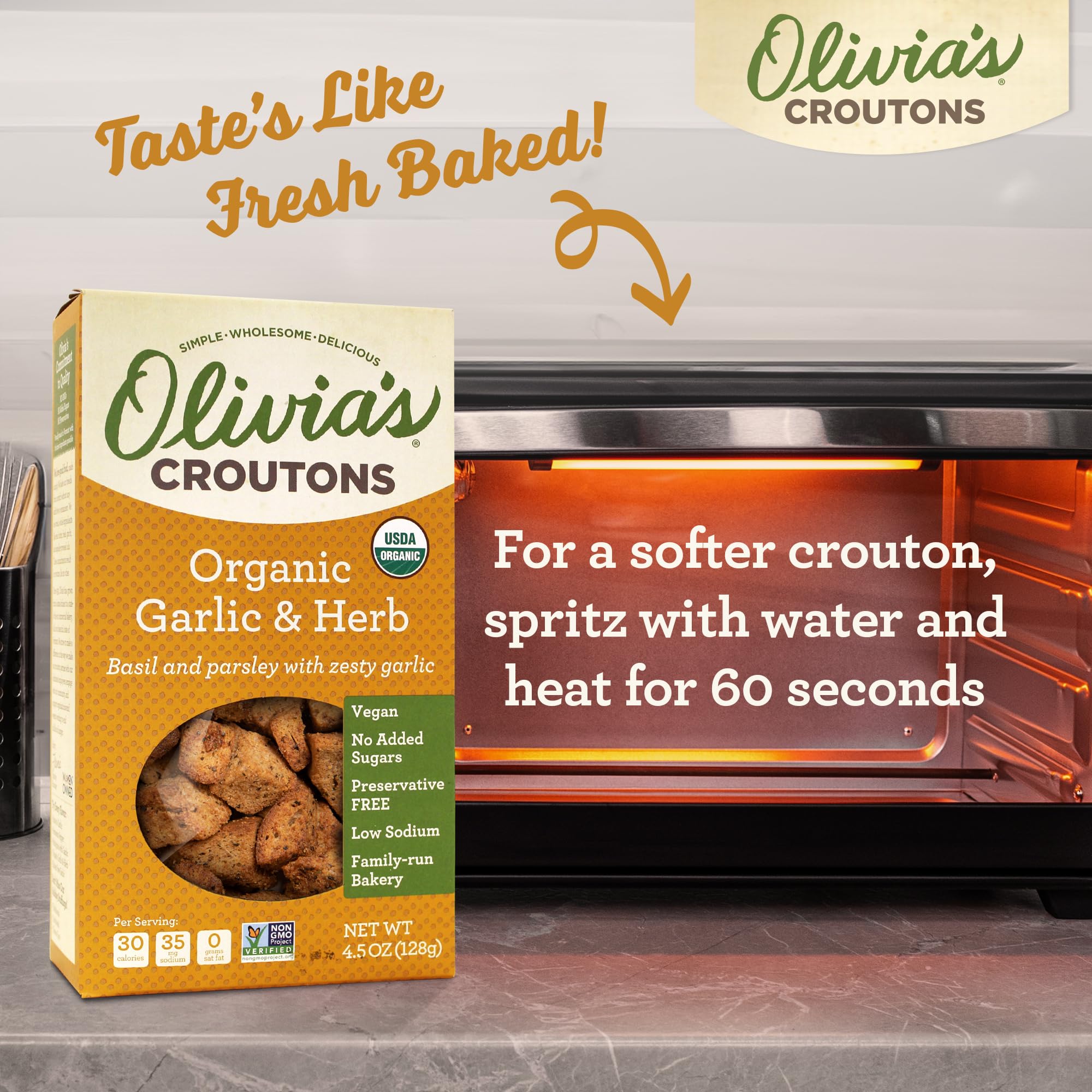 Organic Garlic & Herb Croutons for Salad - Vegan, Whole Grain Crunchy Toppings (4.5oz, 2 Packs) | Perfect for Caesar Salads, Soups & Snacks - Olivia's Croutons