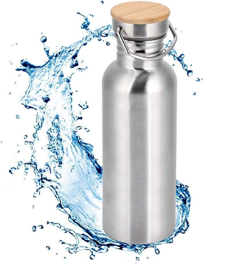 Stainless Steel Water Bottle with Bamboo Cap - 1000ml for Cycling, Running & Hiking