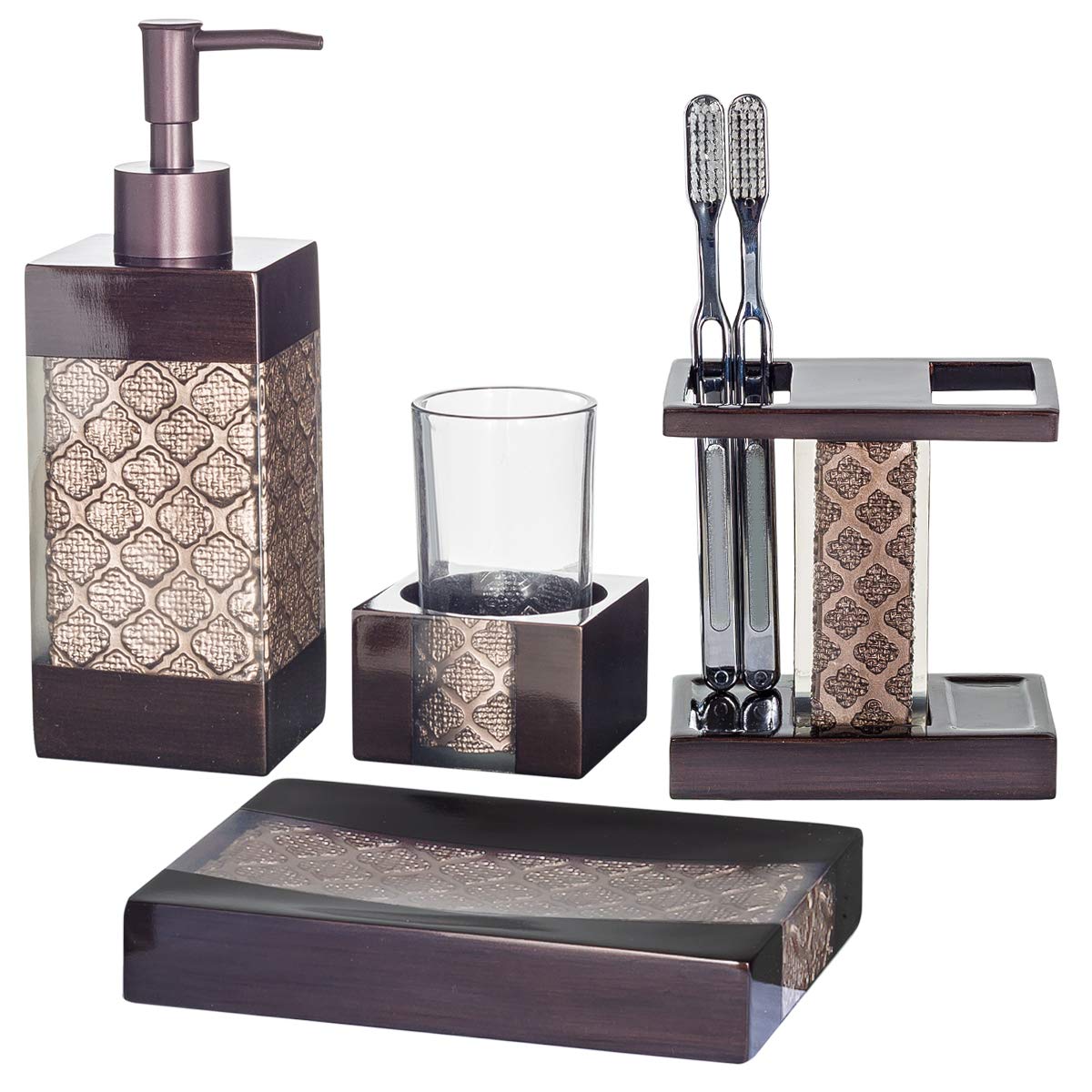 Dahlia Brown 4-Piece Bathroom Accessory Set - Soap Dispenser, Toothbrush Holder, Tumbler & Soap Dish | Modern Bathroom Decor for Home, Apartment & Guest Bath | Water-Resistant & Stylish Design