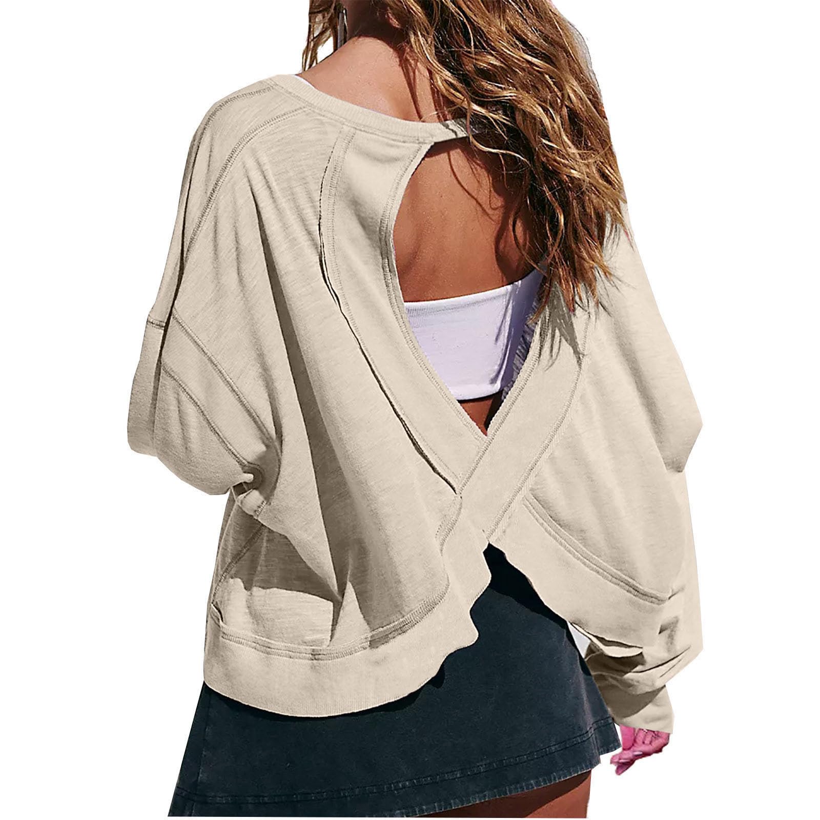 Women's Open Back Long Sleeve Shirts - Loose Fit Athletic Yoga Top with Thumb Holes for Workout, Running & Gym | Breathable Cropped Tee for Yoga, Pilates & Outdoor Activities