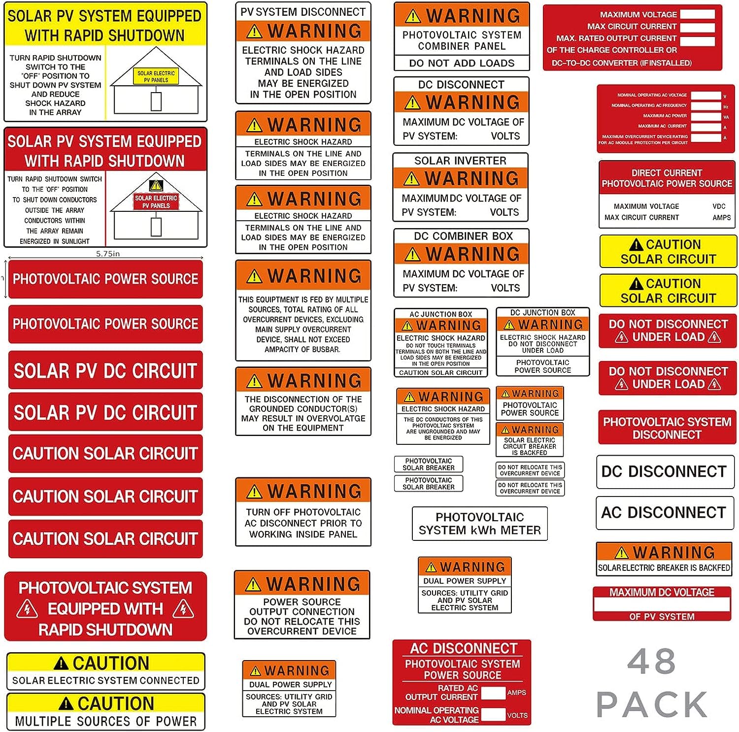 2020 & 2017 Code Compliant Photovoltaic Solar System Installer Label Kit - Electrical Panel Safety Stickers & PV Power Source Warning Set (5 Sets of 48 Pack) - Durable Outdoor Solar Circuit Caution Labels for Solar Panel Installation & Maintenance