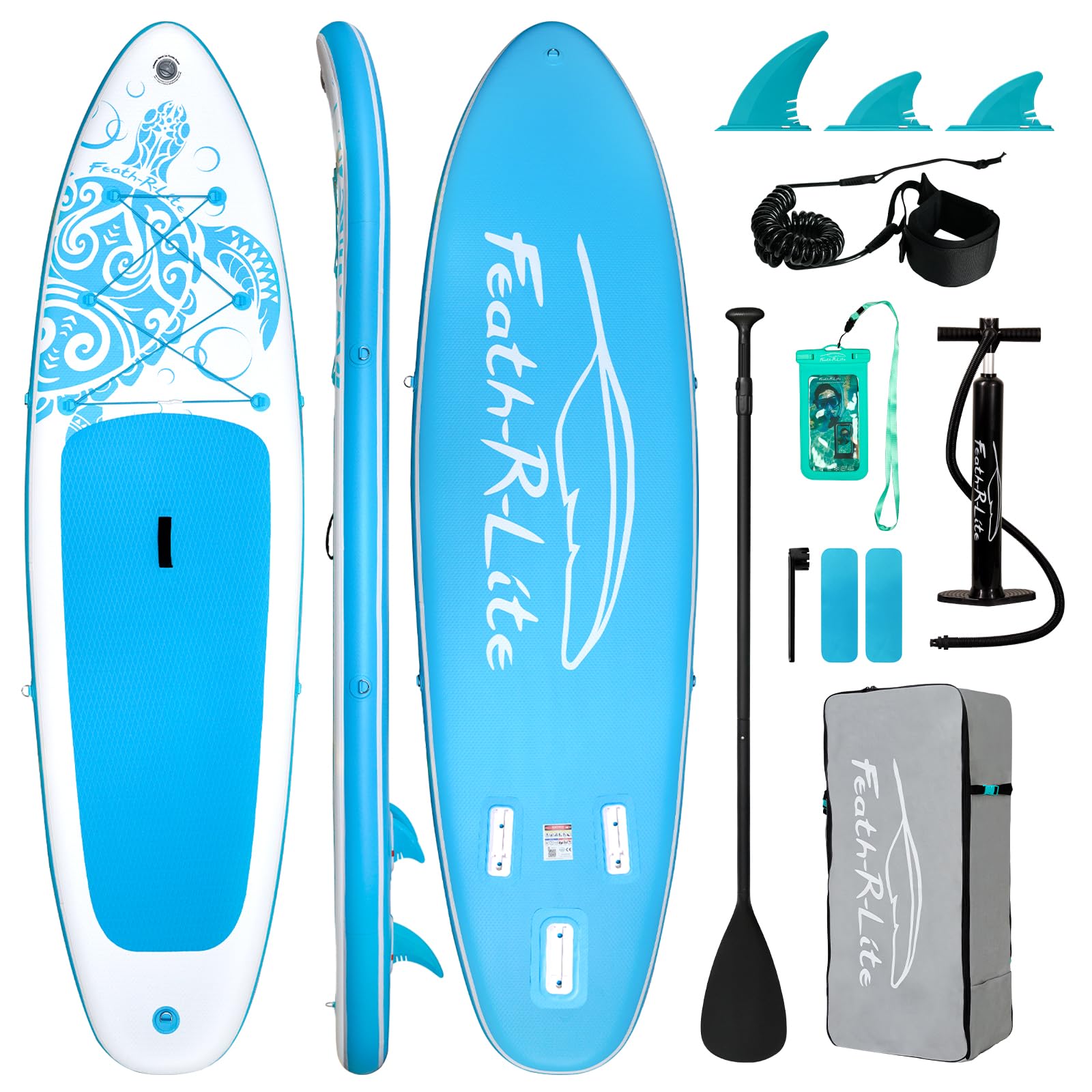 FEATH-R-LITE Inflatable Stand Up Paddle Board for Adults - Premium SUP with Adjustable Paddle, Pump, Leash, 3 Fins & Carry Backpack - Perfect for Yoga, Fishing & Beach Adventures