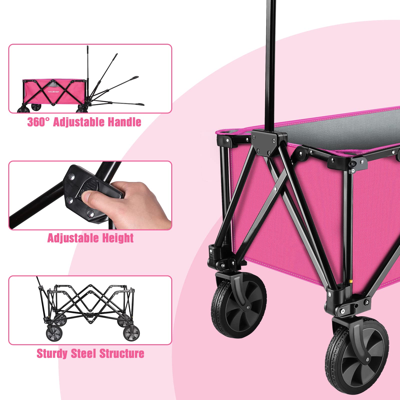 HAUSHOF Heavy Duty Collapsible Wagon - Folding Outdoor Utility Cart with Quick Release Wheels & Adjustable Handle - 176 lbs Capacity - Pink - Perfect for Camping, Beach, Garden & Grocery Shopping