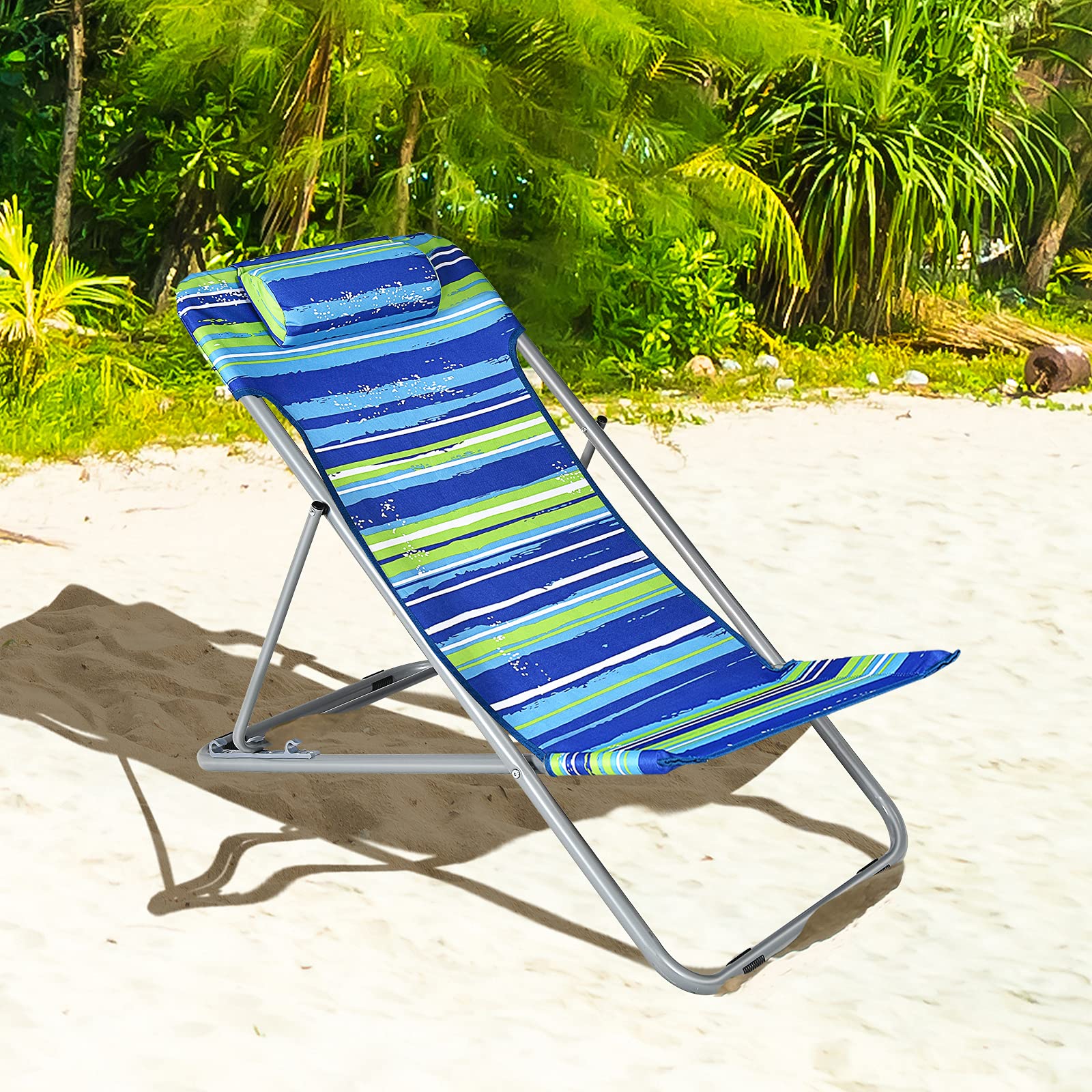 GYMAX 2-Pack Adjustable Beach Chairs for Adults - Portable Reclining Lounge Chairs with 3-Level Backrest & Removable Pillow - Lightweight Folding Camping Chairs for Beach, Poolside, Patio, Lawn, Fishing & Outdoor Relaxation (Blue) - Perfect for Summer Vacations, Backyard Lounging & Travel Adventures