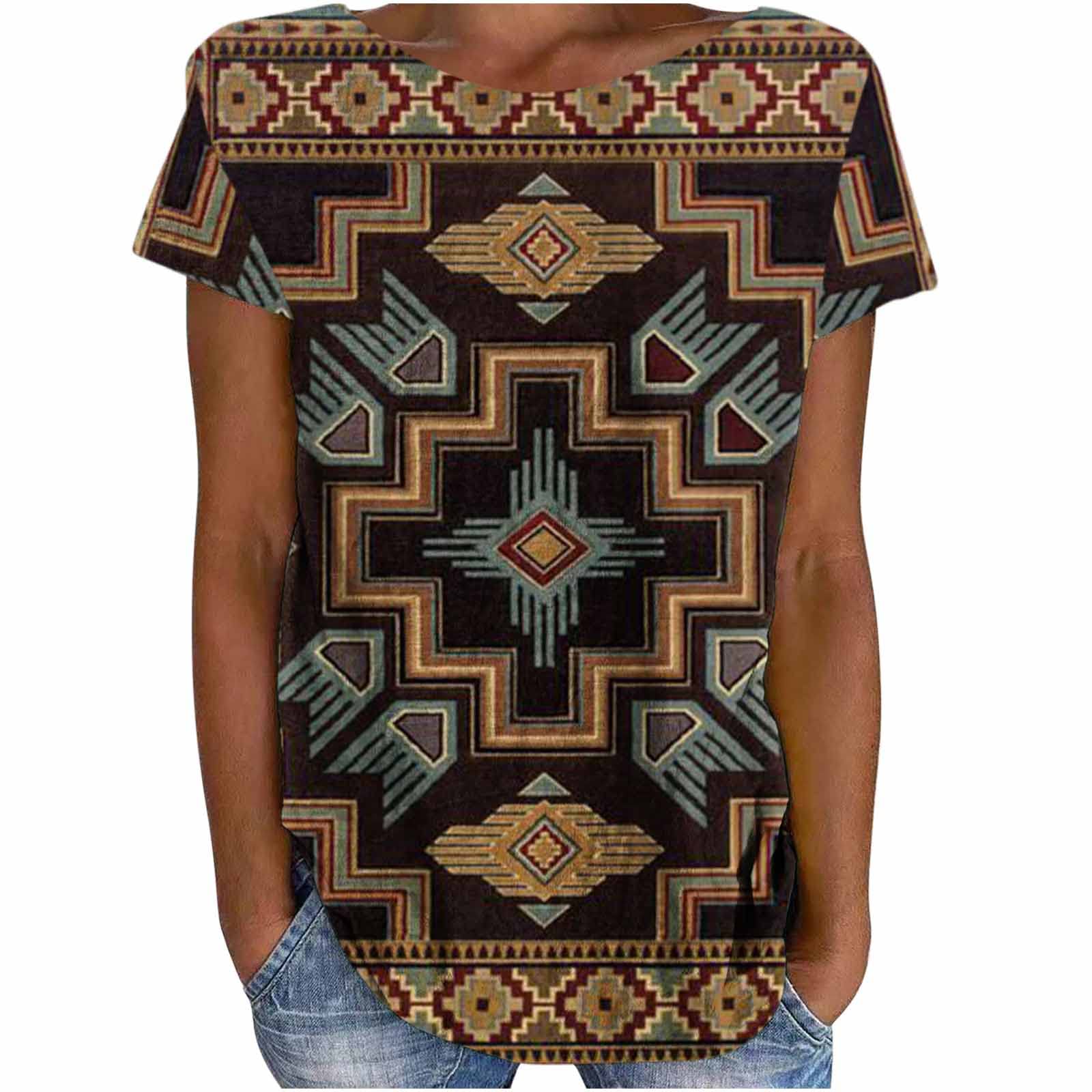 PIMOXV Women's Oversized Crewneck T-Shirt - Geometric Rhombus Printed Casual Summer Tee - Western Ethnic Style Shirts for Women | Perfect for Beach Outings, Music Festivals and Boho Chic Outfits