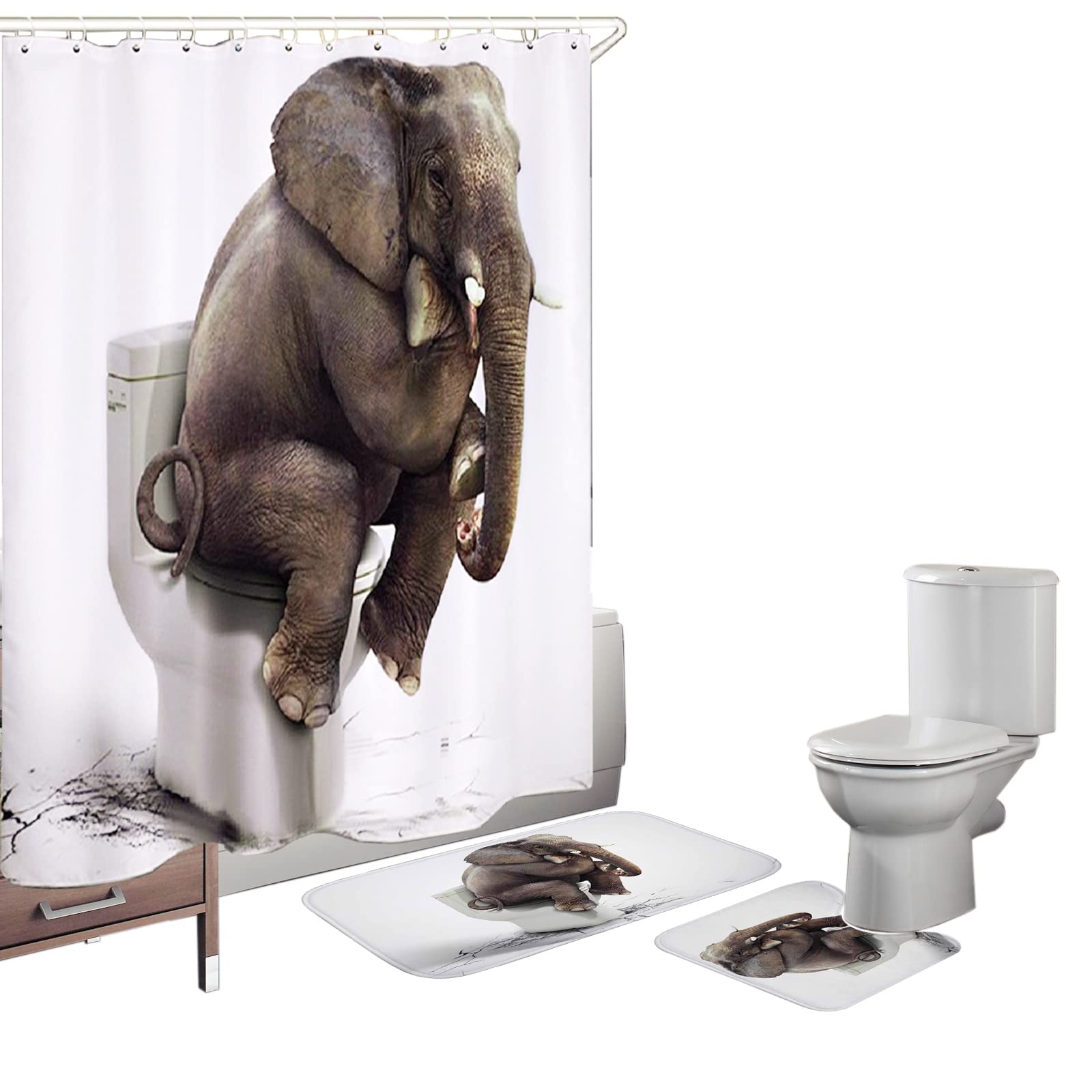 Premium 3-Piece Elephant Print Bathroom Set - Non-Slip Shower Mat, Contour Mat & Polyester Shower Curtain with 12 Hooks | Waterproof Bathroom Decor for Kids & Adults | Perfect for Bathrooms, Showers & Guest Rooms