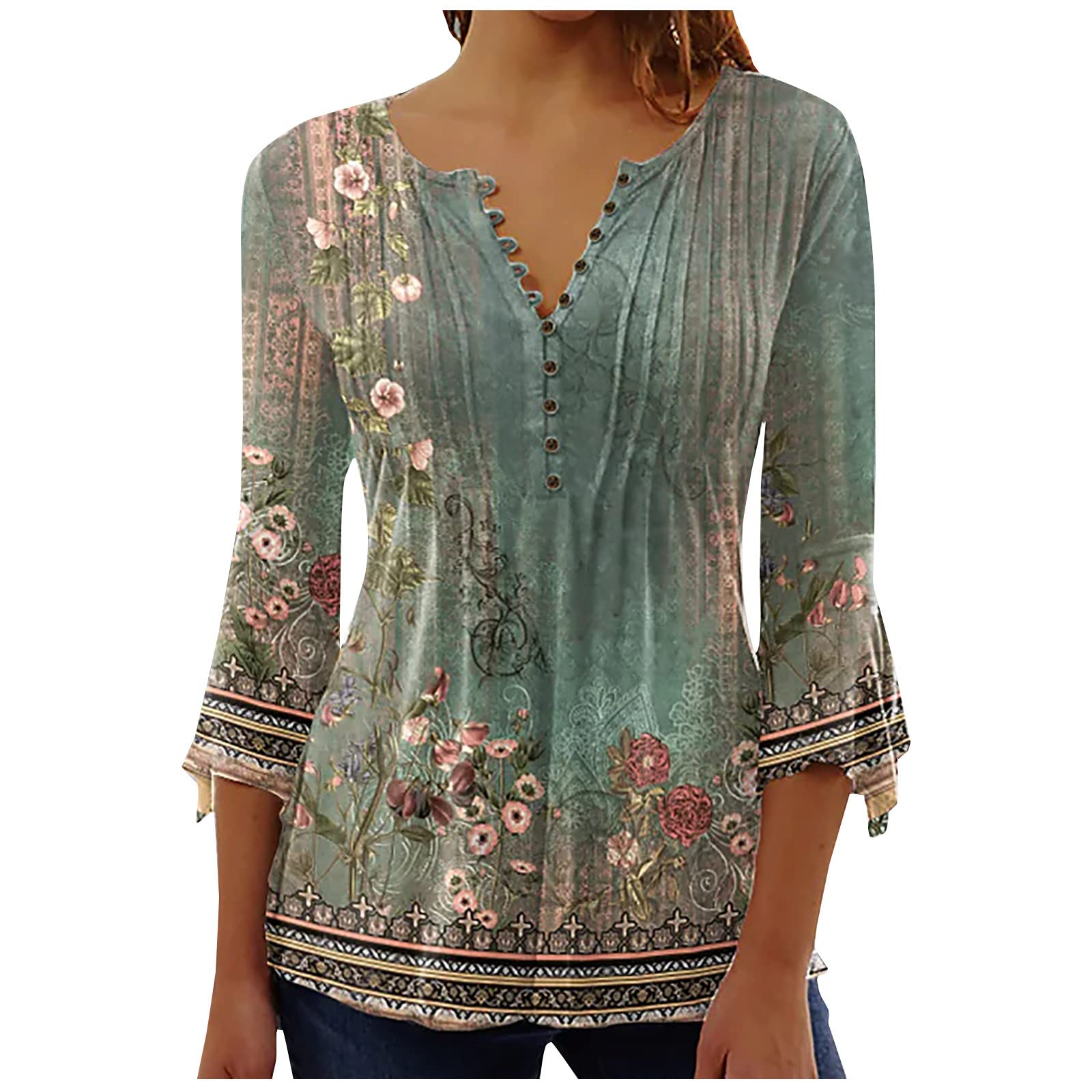Trendy Women's Summer Tops - 3/4 Sleeve V-Neck Button Up Blouses with Pleated Floral Design | Casual Outfit, Beach Wear & Office Fashion