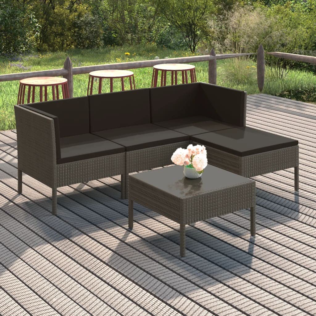 vidaXL 5-Piece Patio Lounge Set - Outdoor Sectional Sofa with Cushions, Modern Farmhouse Style Gray Poly Rattan Furniture for Garden, Backyard & Poolside Relaxation