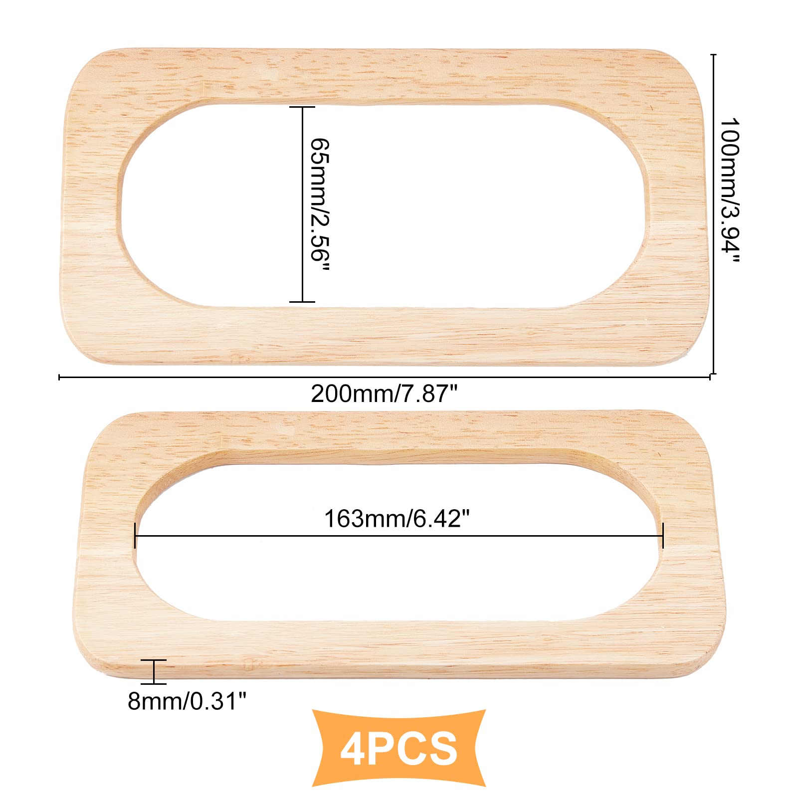 WADORN 4pcs Wooden Purse Handles - 7.8x3.9 Inch Rectangle Handbag Replacement Handles, Handmade Wood Bag Straps for DIY Straw Bags, Macrame Totes, Beach Bags & Boho Sewing Crafts