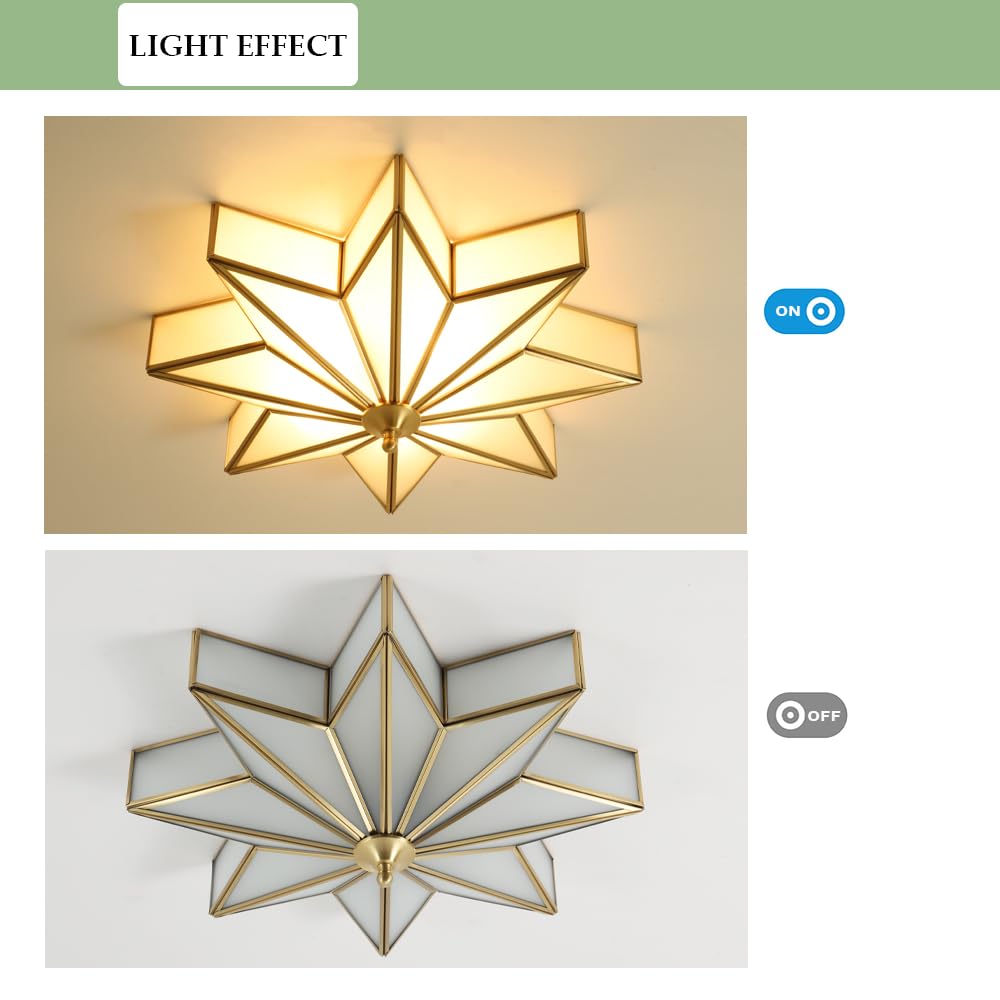 Vintage Star-Shaped Antique Brass Flush Mount Ceiling Light Fixture - 4-Light Bedroom Lighting with Frosted Glass Shade (Bulbs Included) - Perfect for Bedroom, Living Room, Dining Room & Hallway Lighting