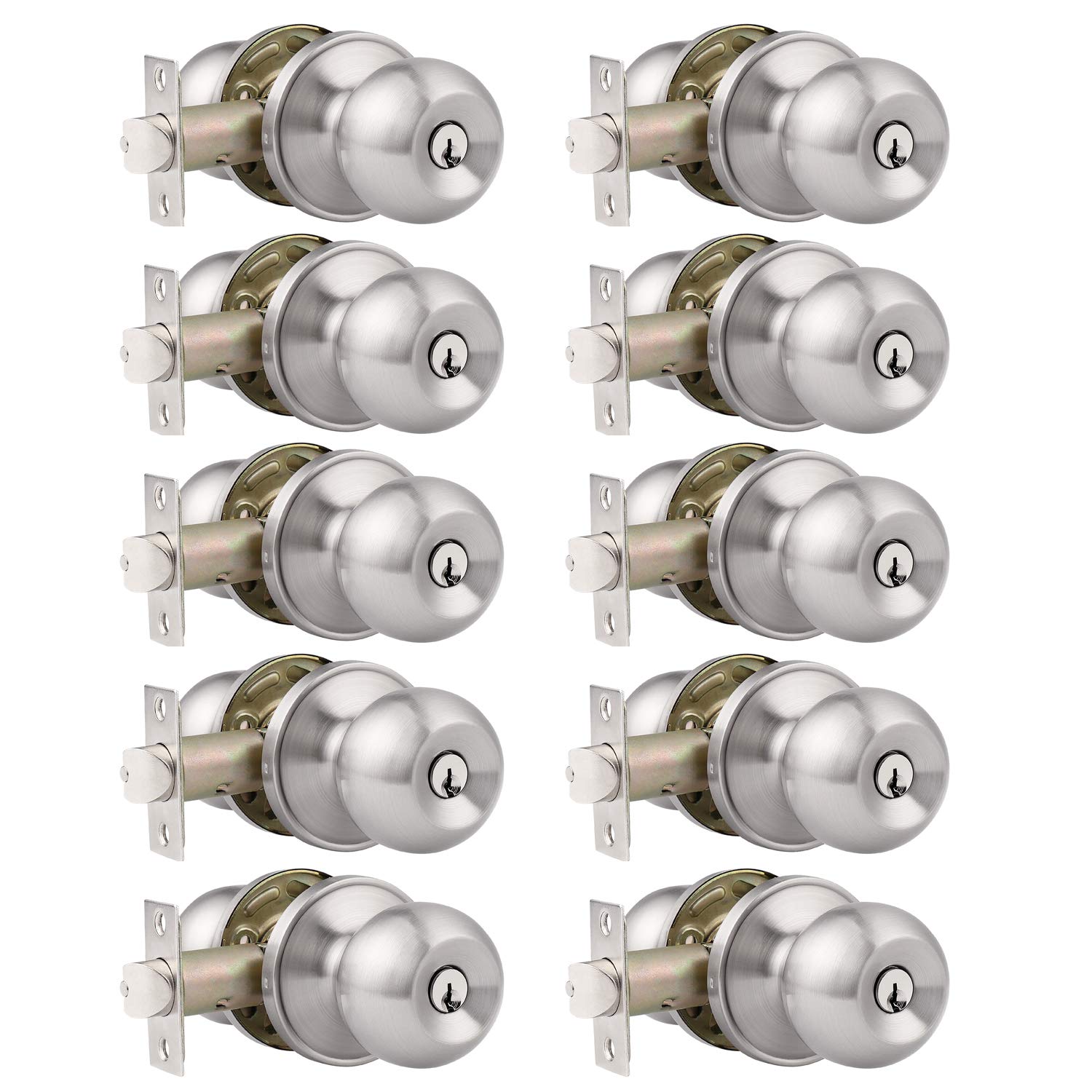 Probrico 10-Pack Keyed Alike Entry Door Knobs - Satin Nickel Finish Locking Door Handles with 3 Combination Keys | Secure Office & Front Door Locks for Home & Business Security
