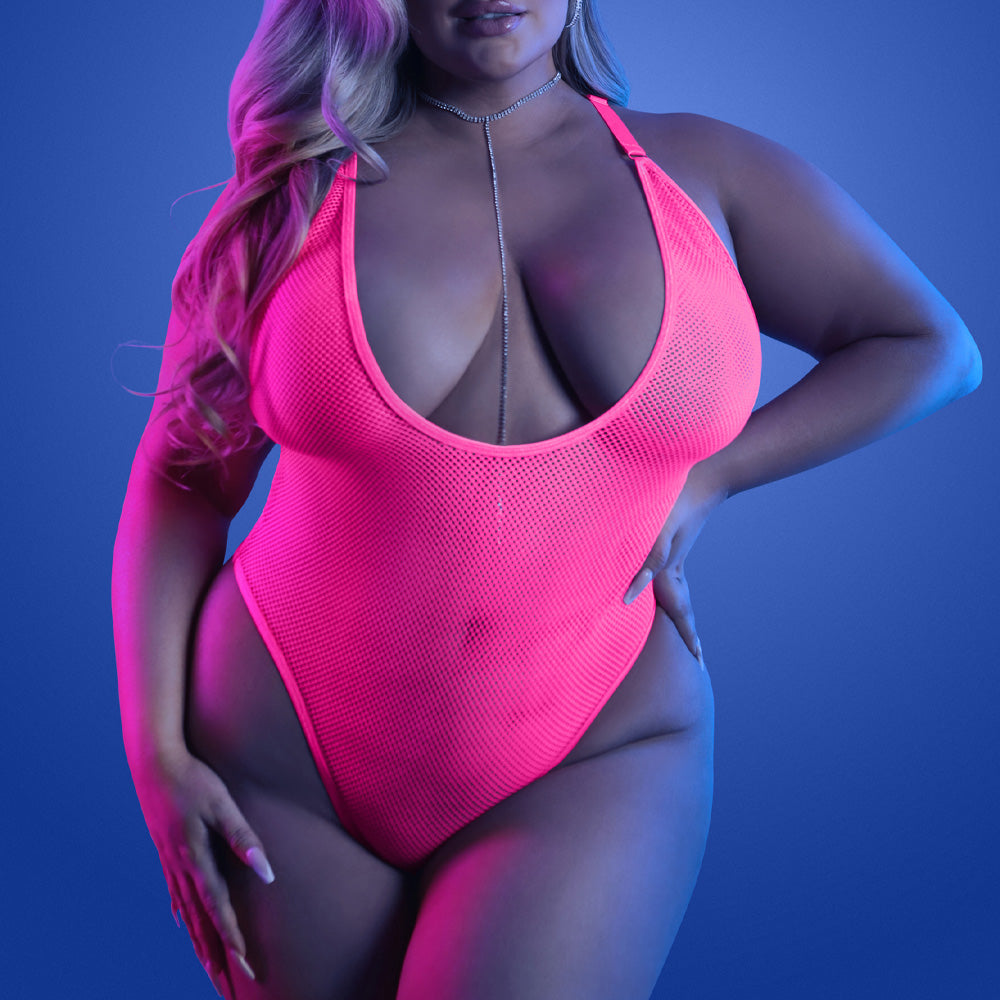 Fantasy Lingerie Glow Electric Haze Plunging Net Thong Teddy for Curvy Women - Sexy Lingerie Set for Date Night & Boudoir Photography