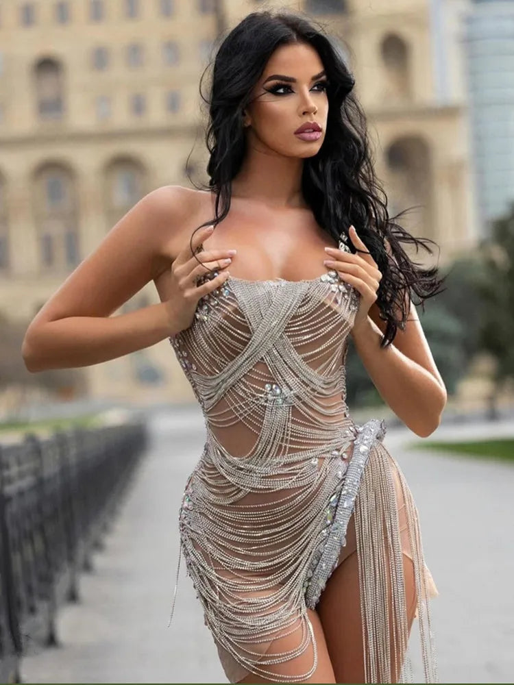 2025 Sexy Women's Beige Mini Dress with Crystal Diamonds - Strapless & Strap Options for Birthday Party, Bar, Nightclub, Stage Performance & Special Occasions