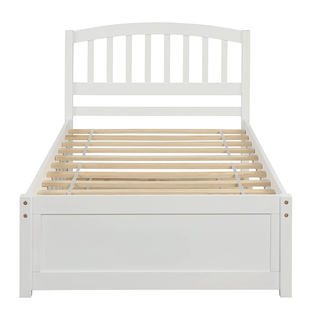 Twin Size Wood Platform Bed Frame with Trundle - Solid Wood Slat Support, No Box Spring Needed - Space Saving Design for Small Bedrooms, Kids Room & Guest Room (White)