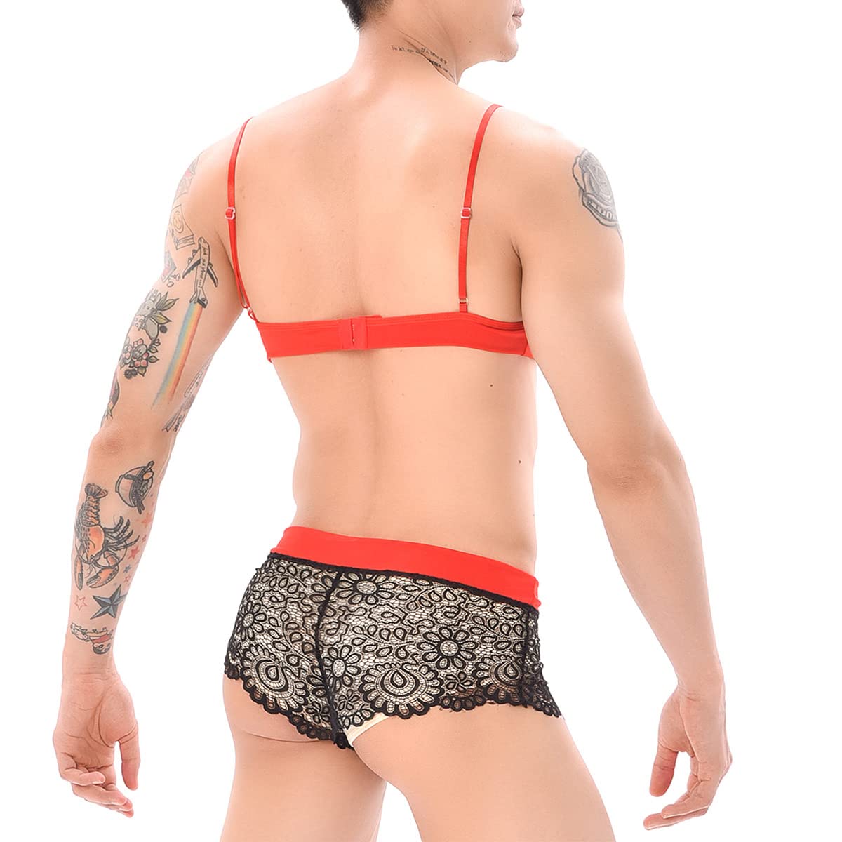 ABAFIP Men's Floral Lace Bra & Bikini Panty Set with Bowknot Stockings - 3 Piece Sissy Nightwear for Crossdressing, Sleepwear & Sensual Lingerie - Perfect for Role Play, Bedtime & Special Occasions
