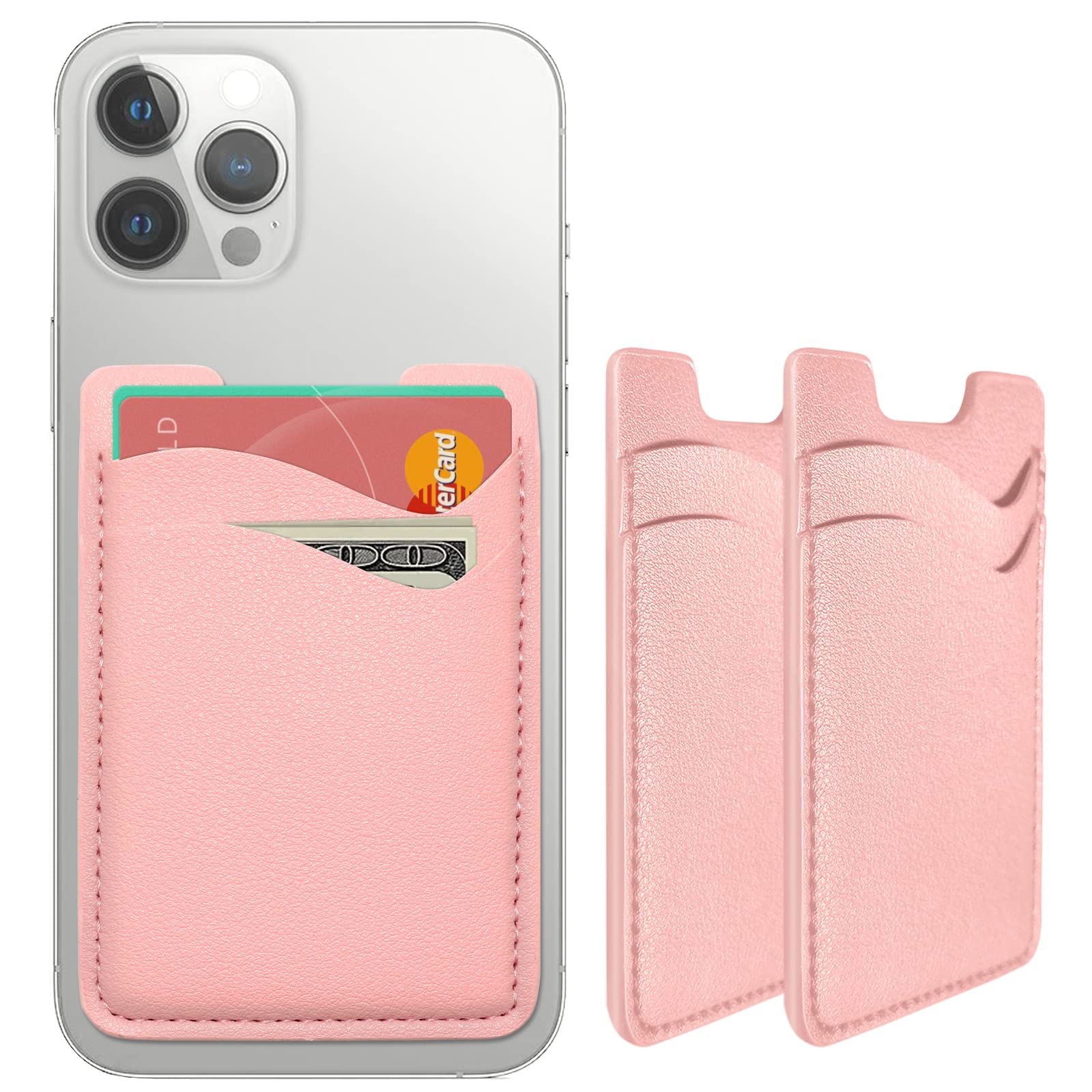 Premium Leather Phone Card Holder - Sticky Back Wallet for iPhone & Samsung - Stretchy Credit Card Holder for Phone Case - 2 Pack Pink - Perfect for Travel, Shopping & Daily Use