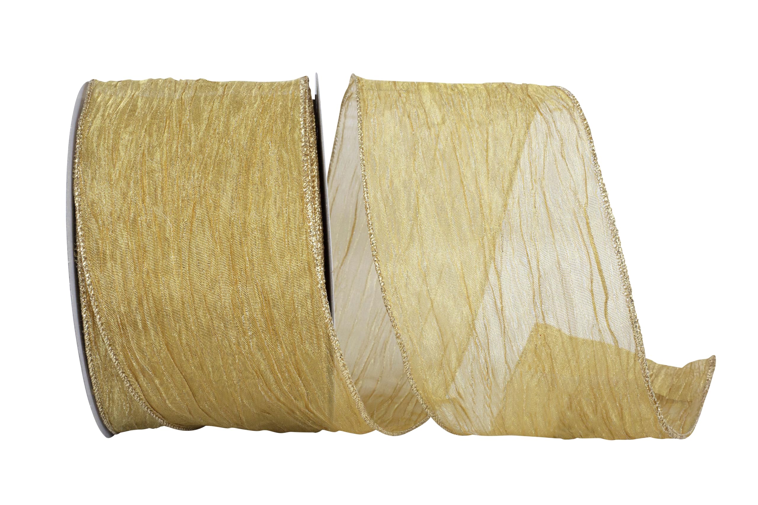 Reliant Ribbon Crushed Mesh Wired Edge Ribbon - 4 Inch x 30 Yards, Gold - Perfect for Gift Wrapping, Wedding Decor, DIY Crafts & Party Decorations