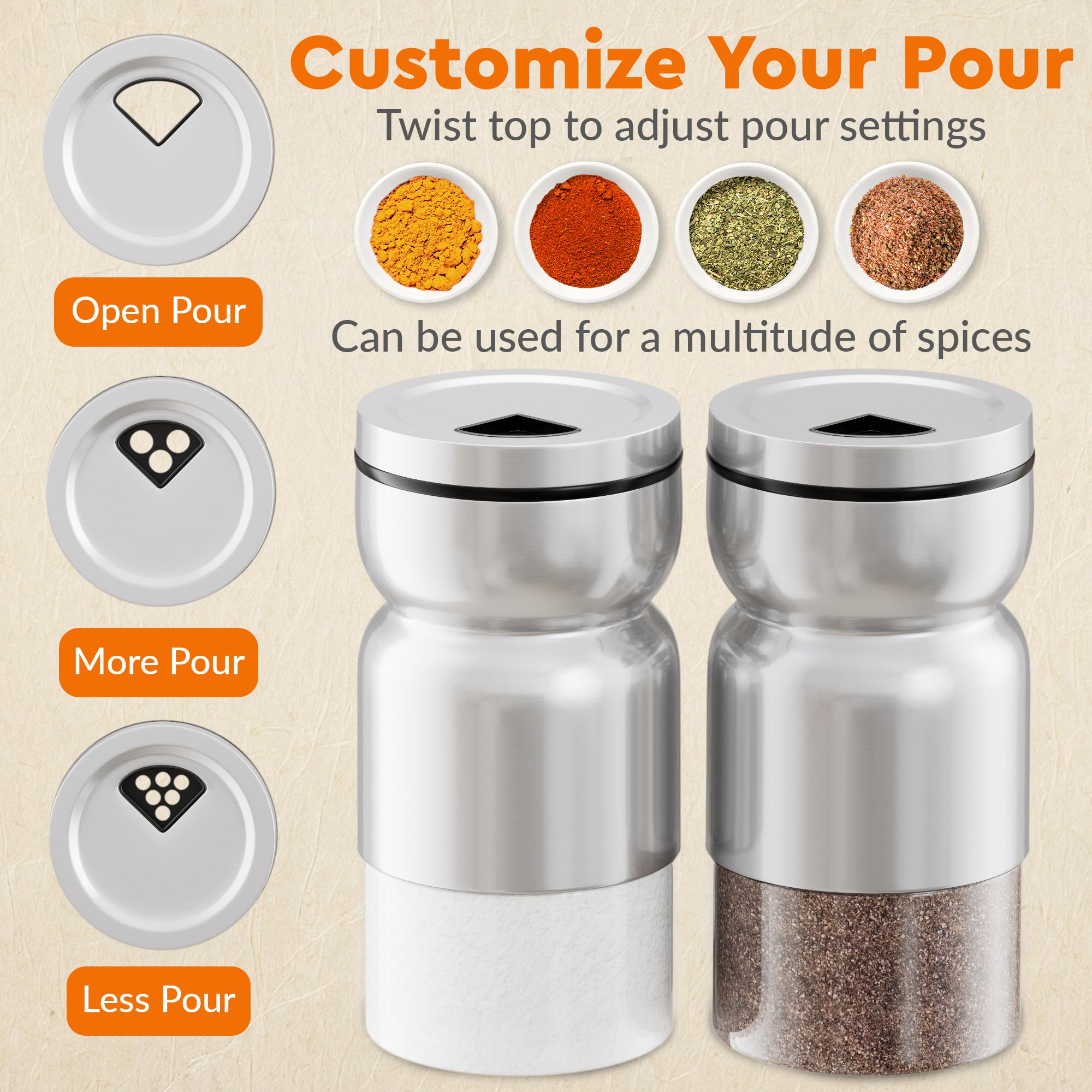 Premium Glass & Stainless Steel Salt and Pepper Shakers Set with Adjustable Pour Holes - Farmhouse Style Spice Dispenser for Salt, Pepper & Seasonings - Perfect for Kitchen, Dining Table & Restaurant Use
