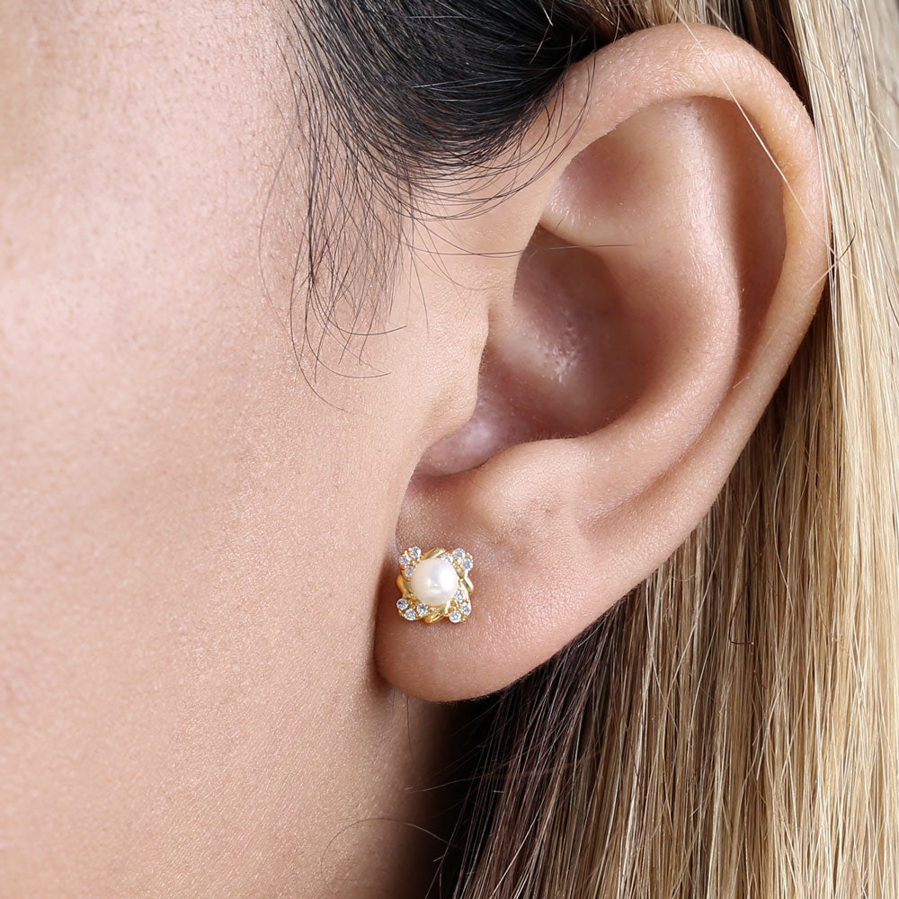 14K Yellow Gold Pearl and CZ Stud Earrings for Women – Elegant Round Clear Cubic Zirconia Jewelry for Daily Wear, Parties, and Special Occasions