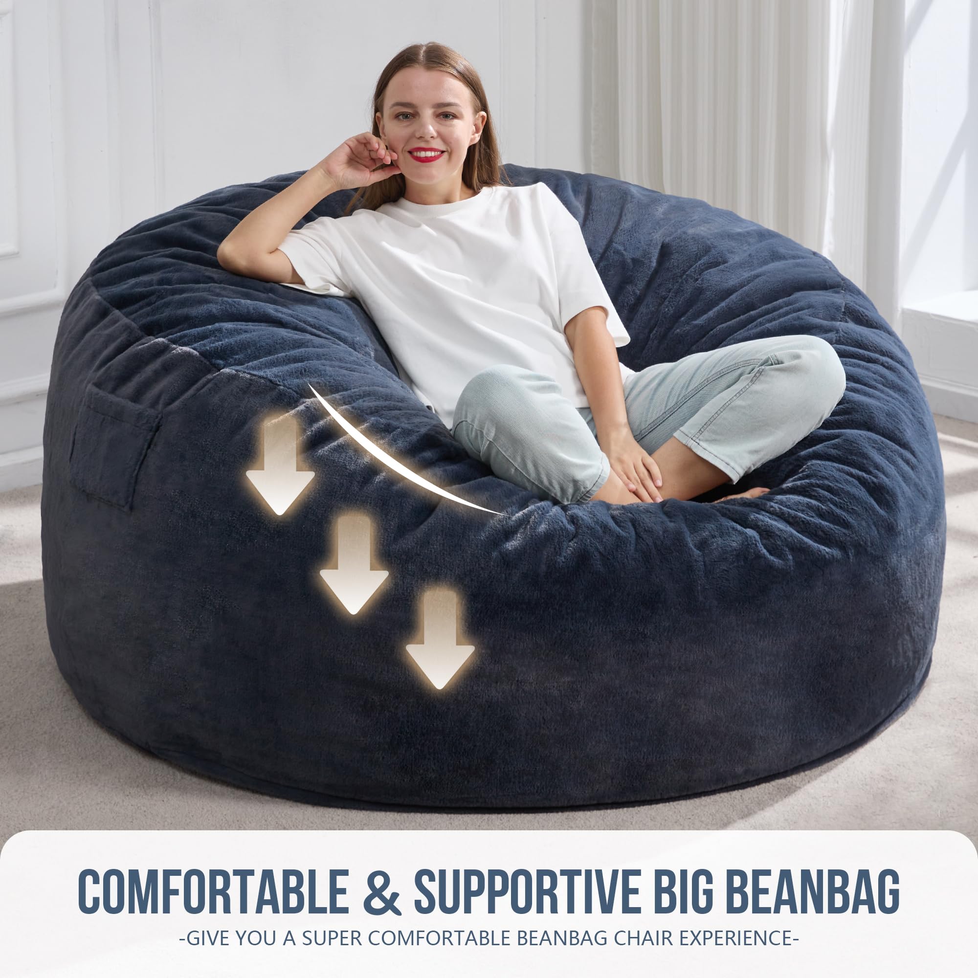 Hobestluk 5ft Large Bean Bag Chair for Adults - Plush Faux Fur Cover, Oversized Beanbag Chair for Living Room, Bedroom, Dorm & Office - Dark Grey (50”x50”x24”) - Perfect for Lounging, Gaming & Relaxation