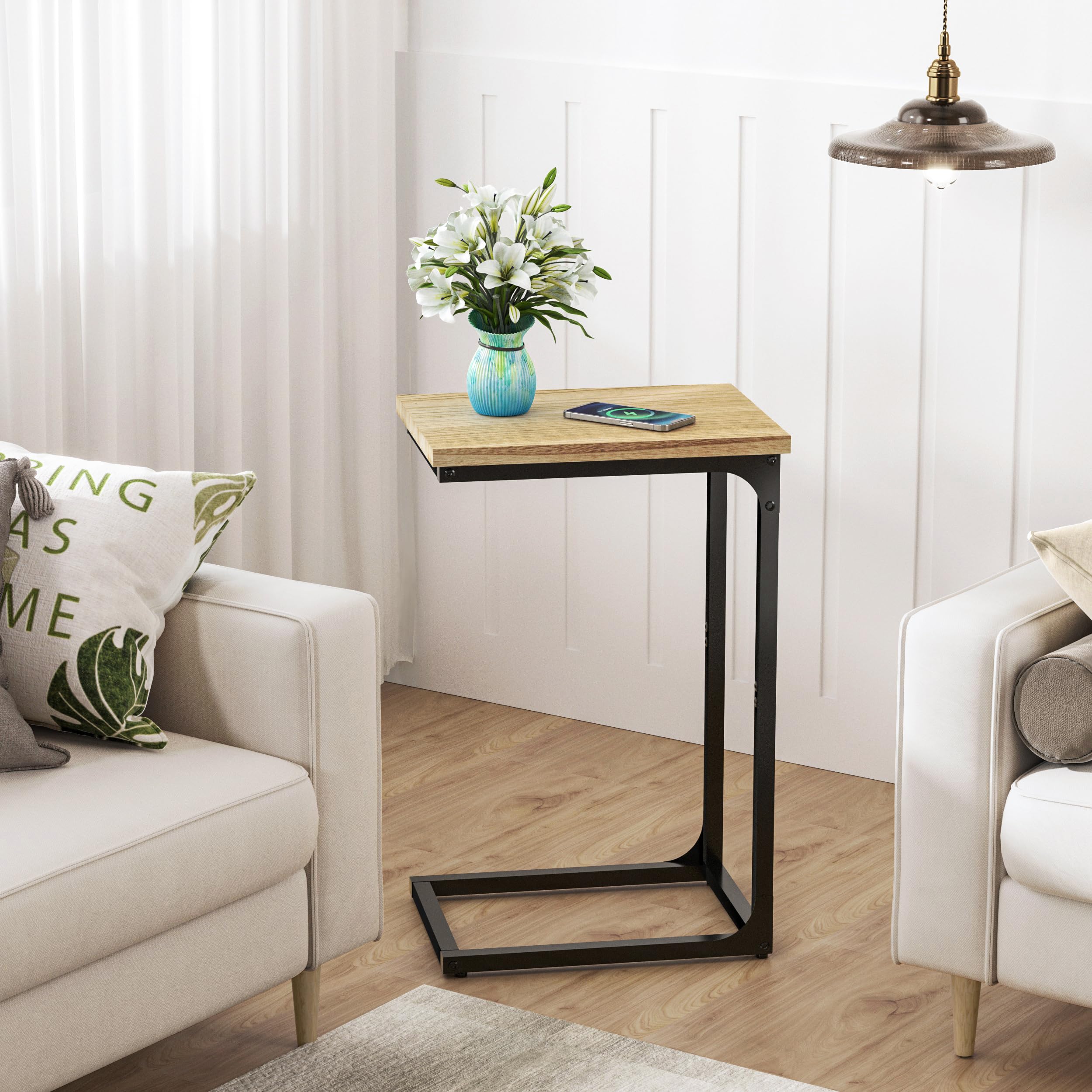 Rustic Brown C-Shaped End Table Set of 2 - Narrow Sofa Side Table for Living Room, Bedroom & Small Spaces - Perfect as TV Tray, Couch Table or Nightstand
