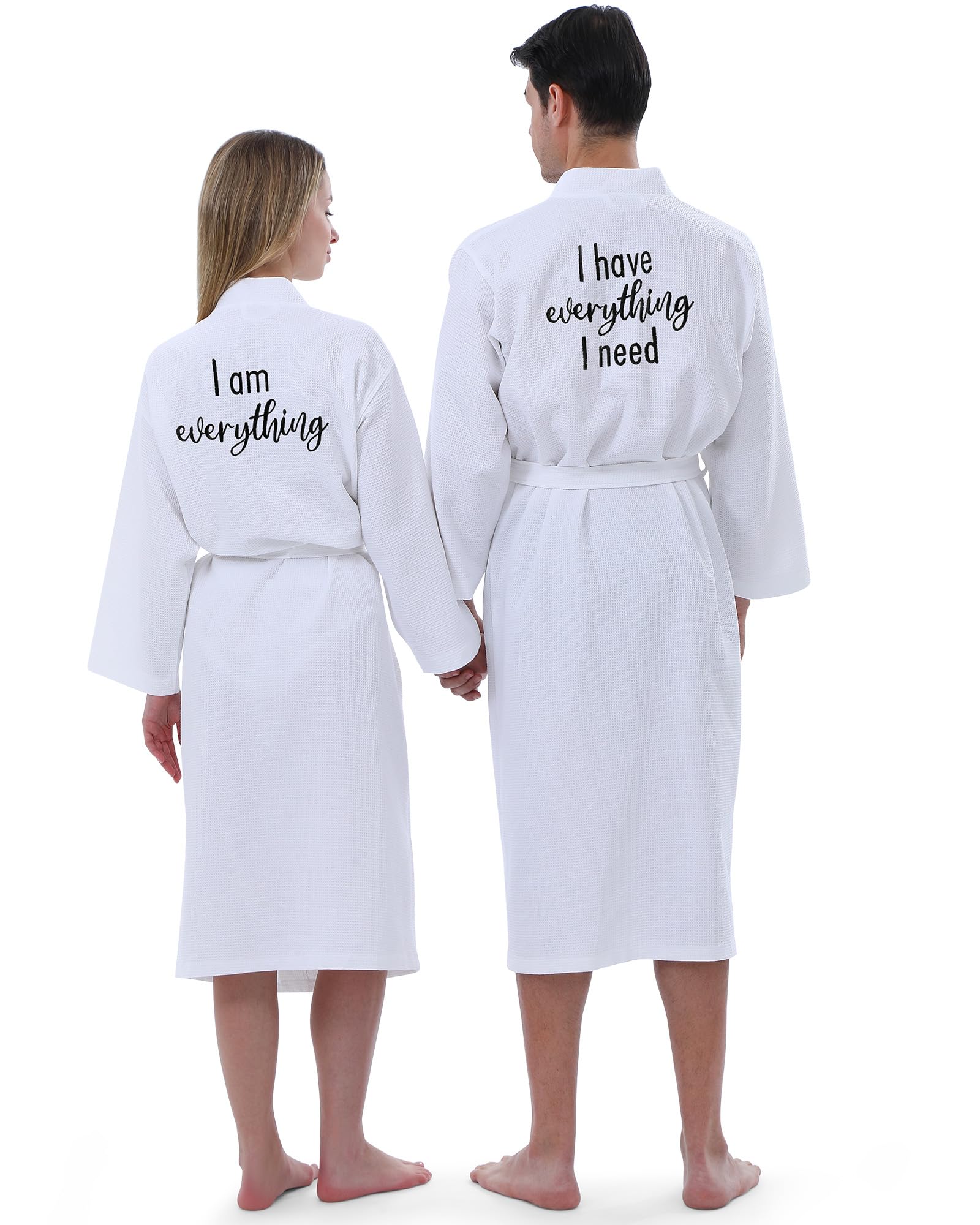 His and Hers Matching Robes Set - 2 Pack Cotton Waffle Kimono with Embroidered Design - Perfect Couple Gift for Anniversary, Wedding, Bridal Party & Romantic Getaways