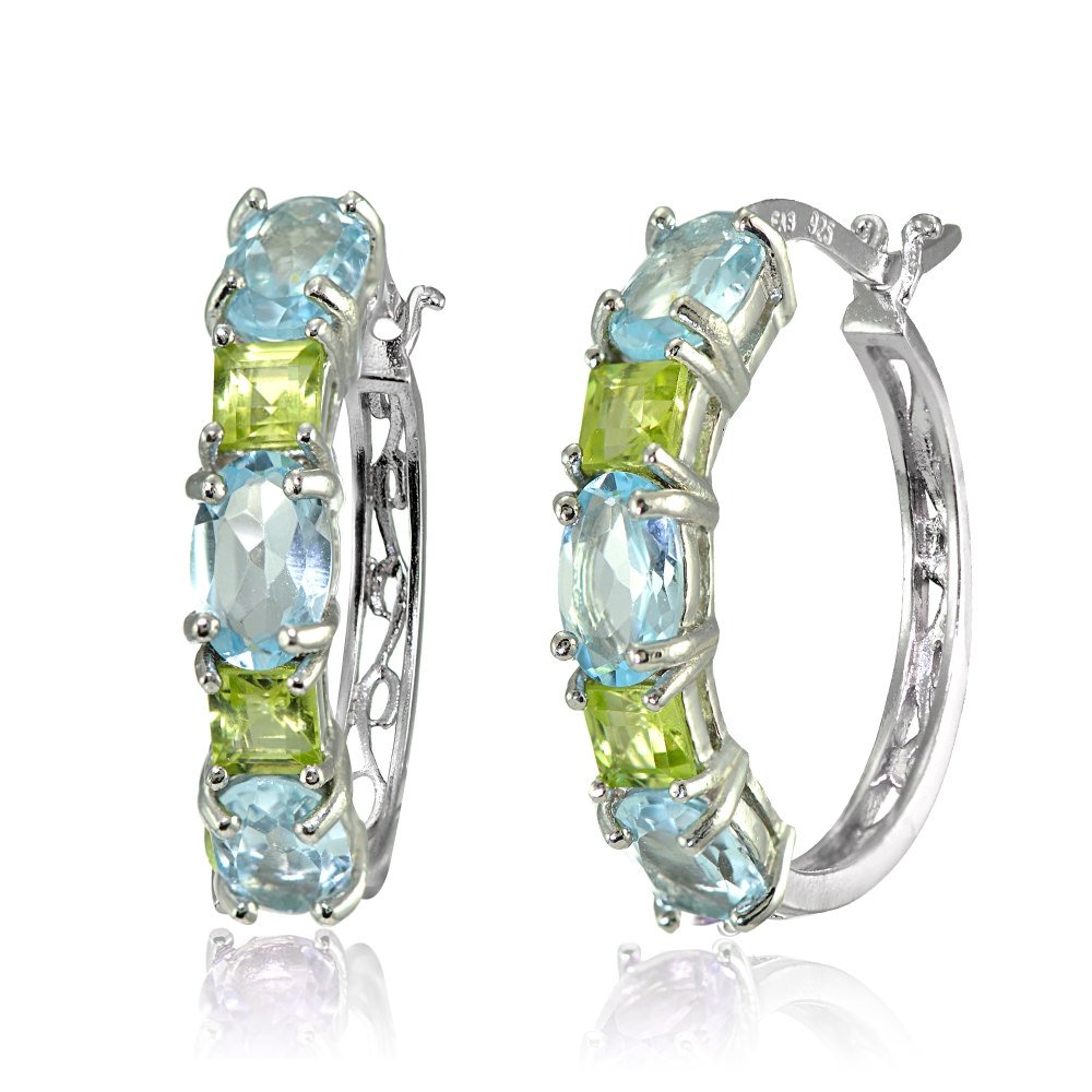Elegant Sterling Silver 6x4mm Oval & Princess-Cut Gemstone Filigree Hoop Earrings for Women | Perfect for Weddings, Parties & Everyday Wear