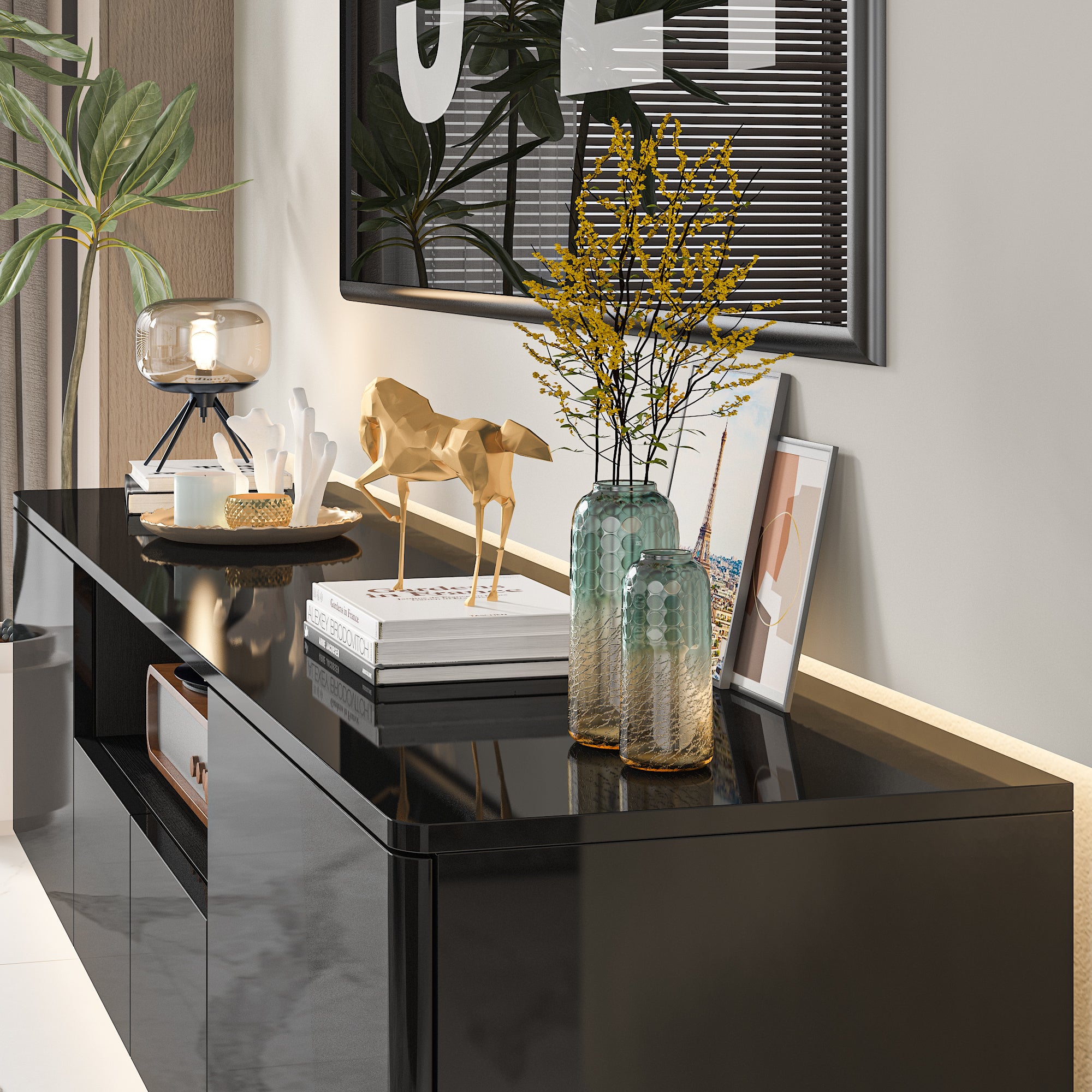 Modern LED TV Stand Console Table - High Gloss Entertainment Center for Living Room, Bedroom & Home Theater - Perfect for 55-75 Inch Flat Screen TVs with Storage Shelves